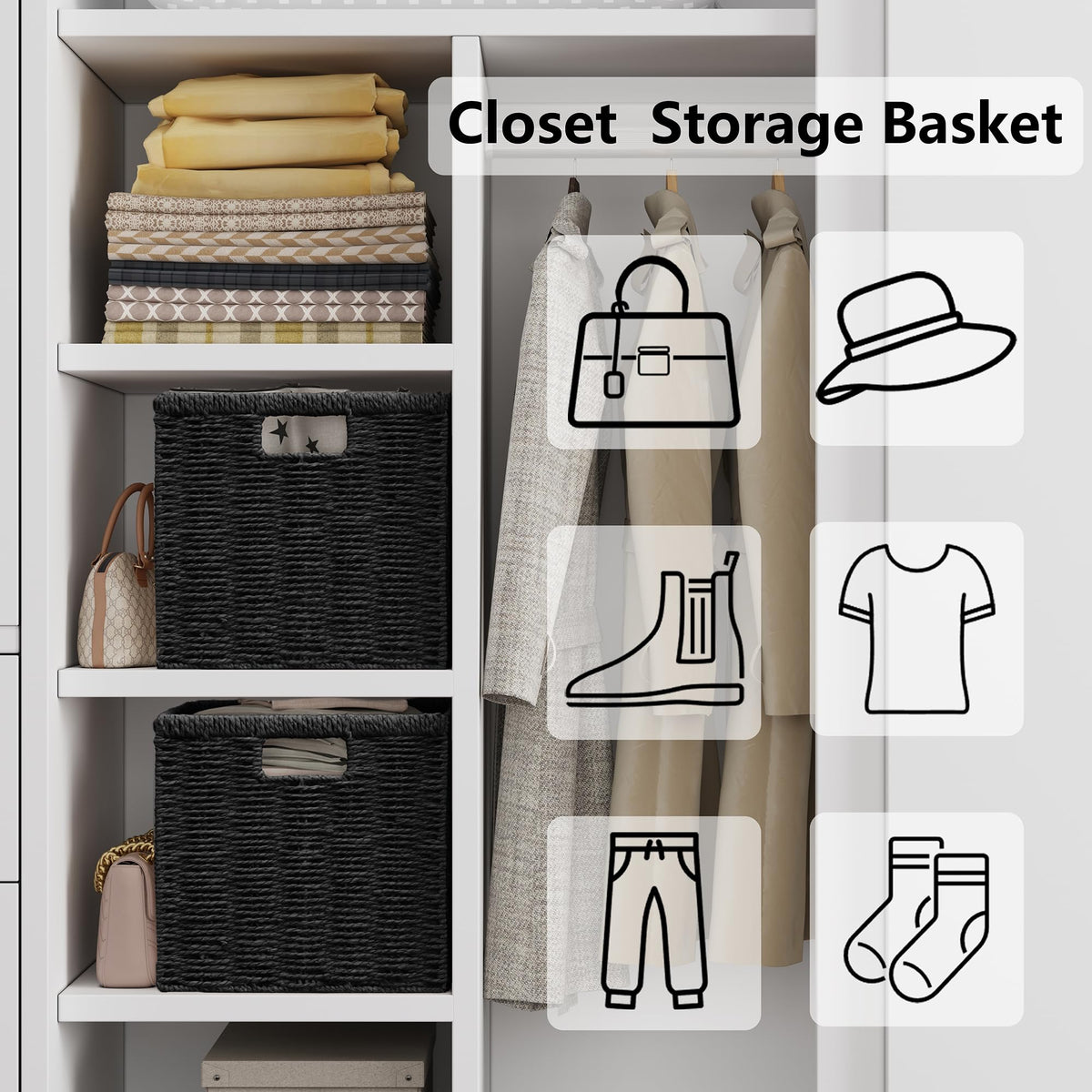 Vagusicc Wicker Storage Basket, Foldable Storage Cubes Organizer Bins, Handwoven Storage Baskets for Shelves Closet Wardrobe Bathroom