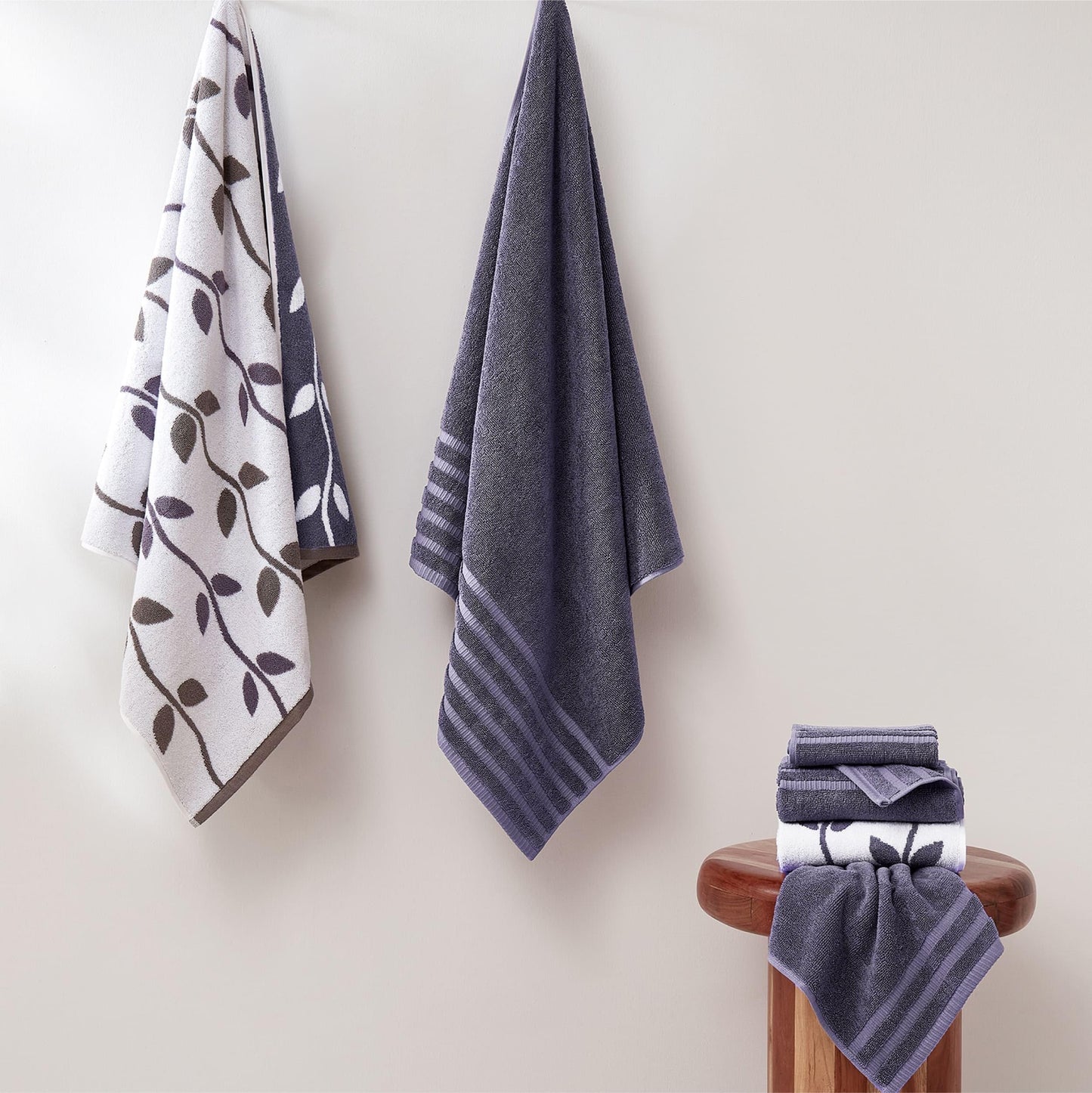 Amrapur 6 pc Yarn Dyed towel Organic Vines Grey Lavender, Cotton, Single