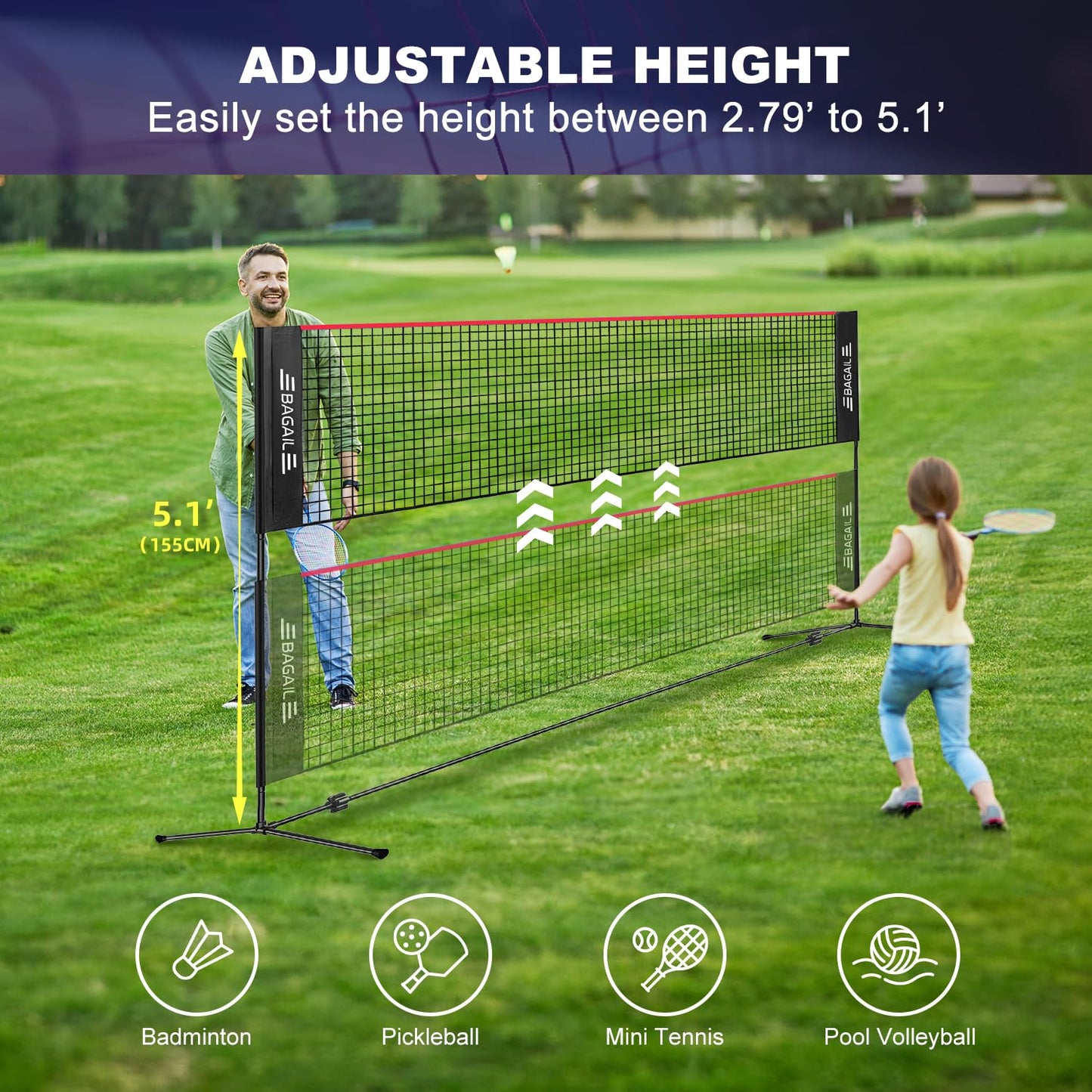 BAGAIL Badminton Net, Foldable Nylon Net, Hieght Adjustable Stand and Portable Carry Bag, Easy to Assemble or Disassemble, Ideal Recreational Sports