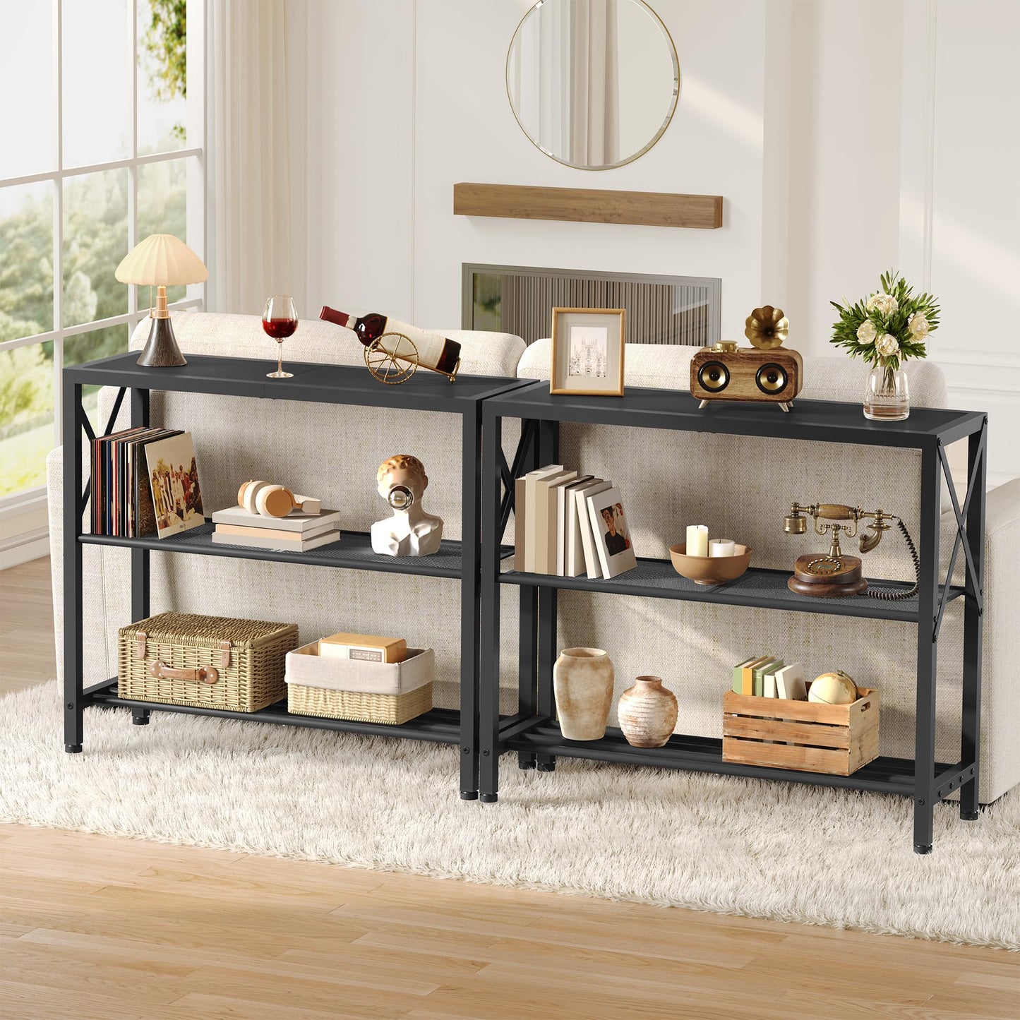 Hoctieon Industrial Console Table Set of 2, 3 Tier Entryway Table, Metal Frame, Sofa Tables with Shelf, Hallway Desk, Entrance Tables for Entryway
