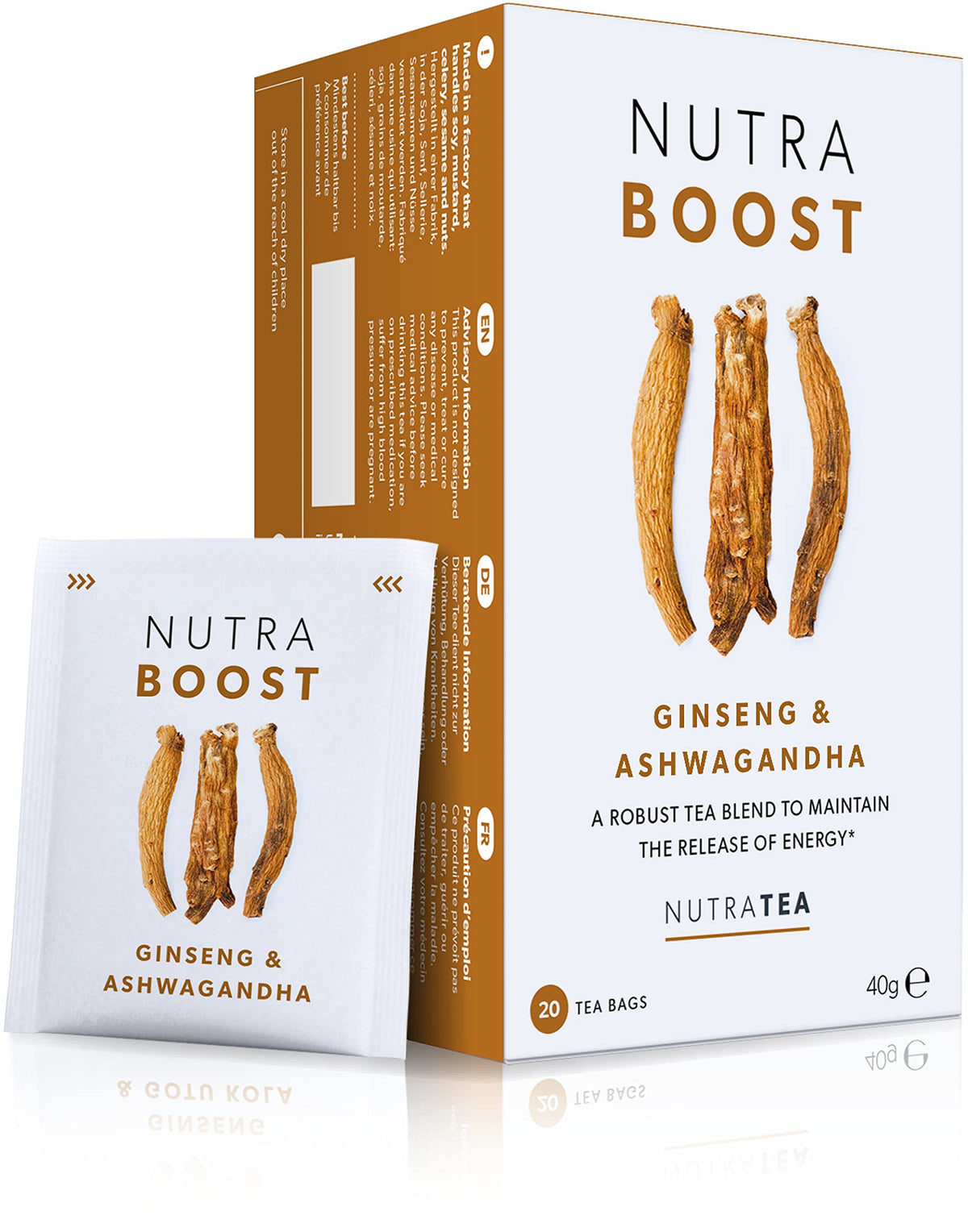 NUTRABOOST - Energy Tea | Herbal Energy Boost Tea - Help With Tiredness And Fatigue -Includes Green Tea, Ginseng & Ashwagandha - 60 Enveloped Tea Bags