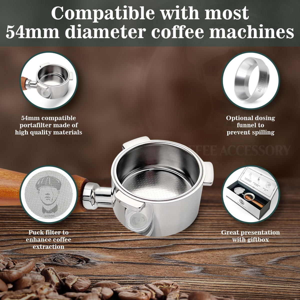 Gritty Blenders - Bottomless Coffee Portafilter 54mm with Compatible Puck Screen, Basket and Dosing Funnel | Compatible with Sage Breville Barista