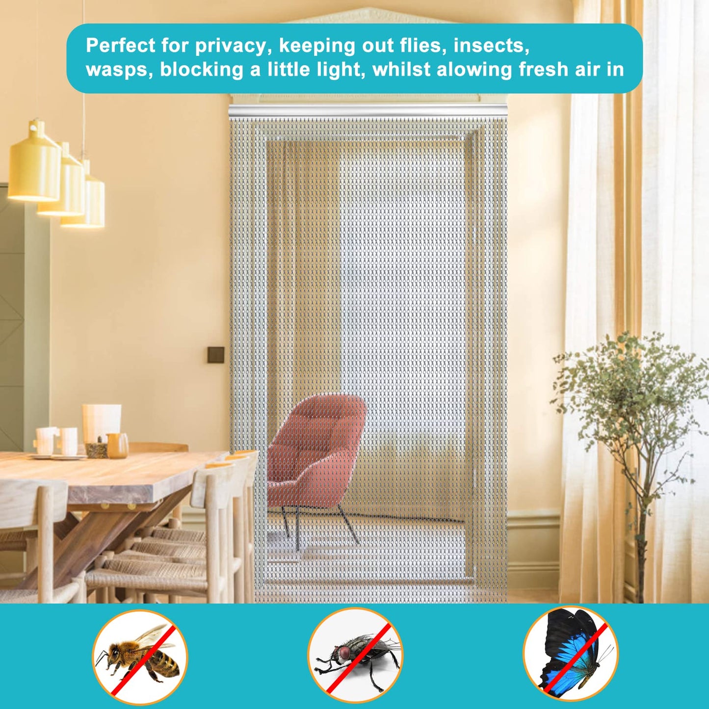 LYMMIYTC 90 x 210cm Gery Aluminium Chain Curtain Door Fly Screens Silver Metal Fly Curtain Insect Blinds Pest Control