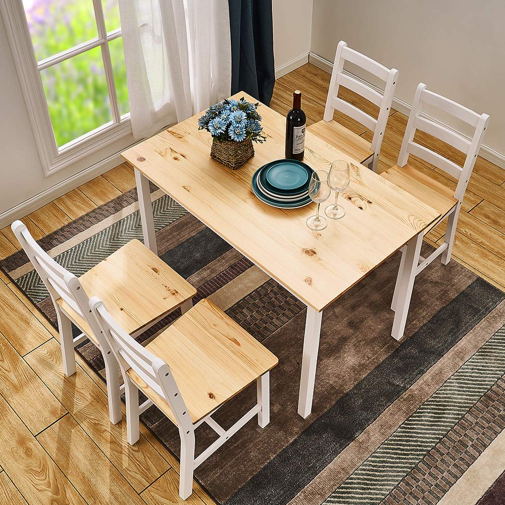 Panana Pine Wood Dining Table and 4 Chairs Set, 5-Piece Home Kitchen Furniture Set (Natural White)