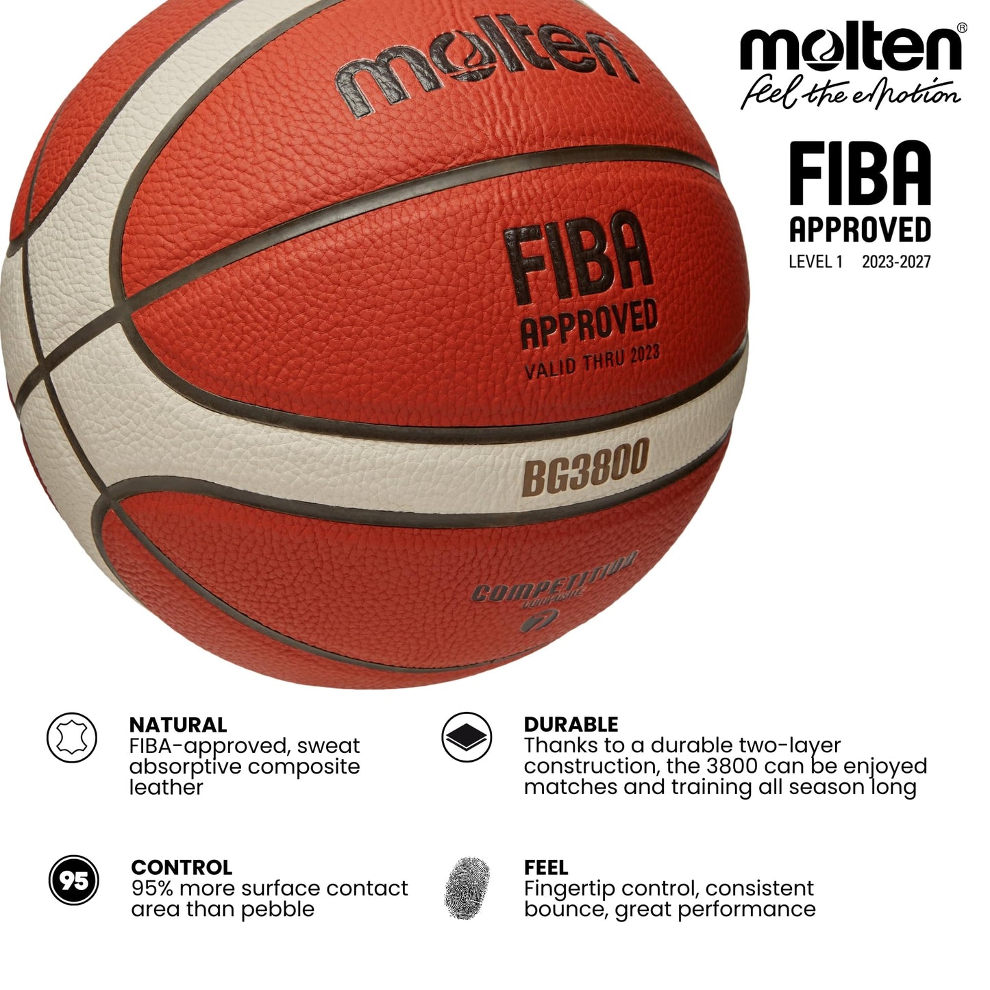 Molten BG3800 Basketball, Indoor, FIBA Approved, Composite Leather, Size 6, Orange/Ivory, Suitable For Boys age 12, 13, 14 and Girls age 14 & Adult