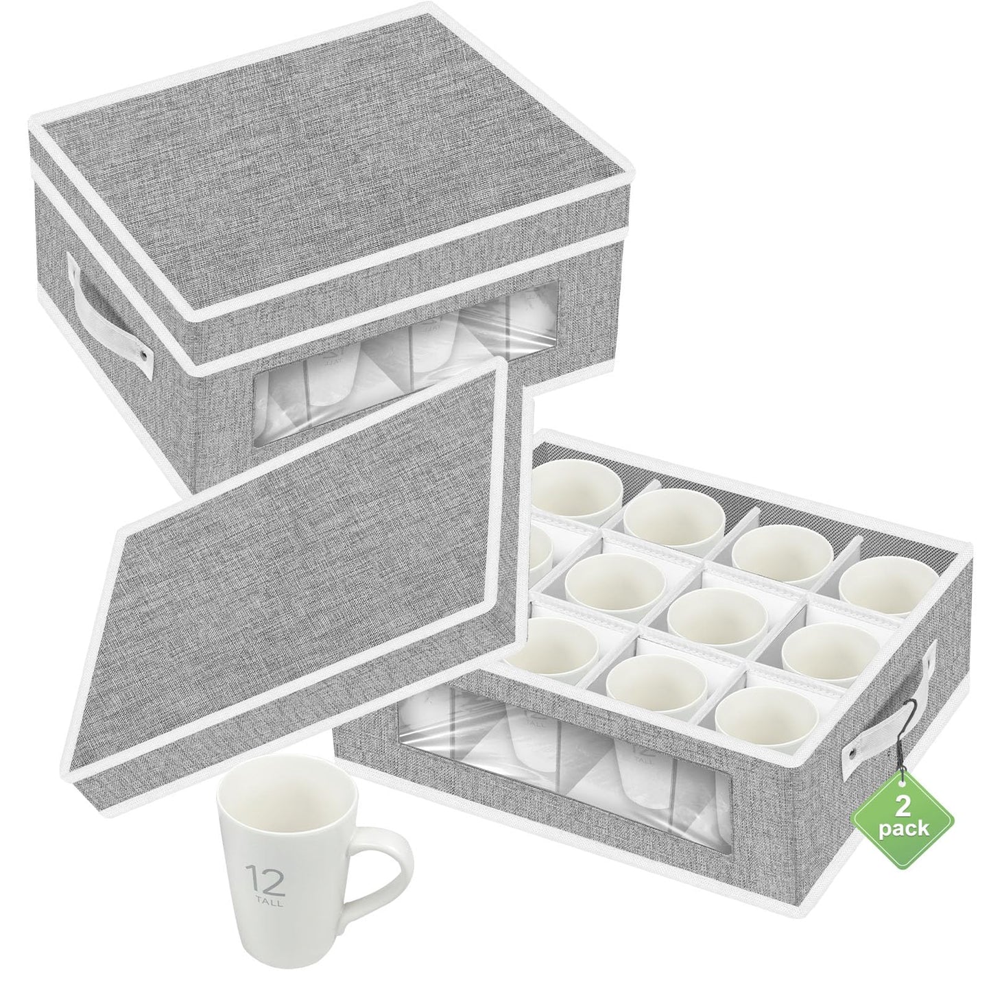 VERONLY 2 Pack Cup and Coffee Mug Storage Box Organiser with Dividers, China Storage Containers Hard Shell with 24 Compartments for Mugs Moving and