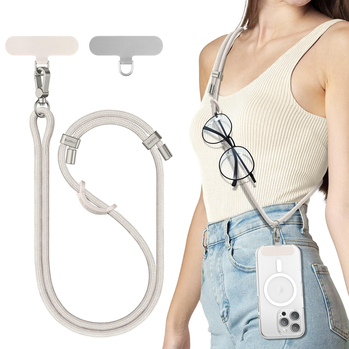 SURPHY Phone Lanyard with Patch, Adjustable Crossbody Phone Strap, Neck Phone Holder Compatible with Most Phones, Key Lanyard and more (Stone)