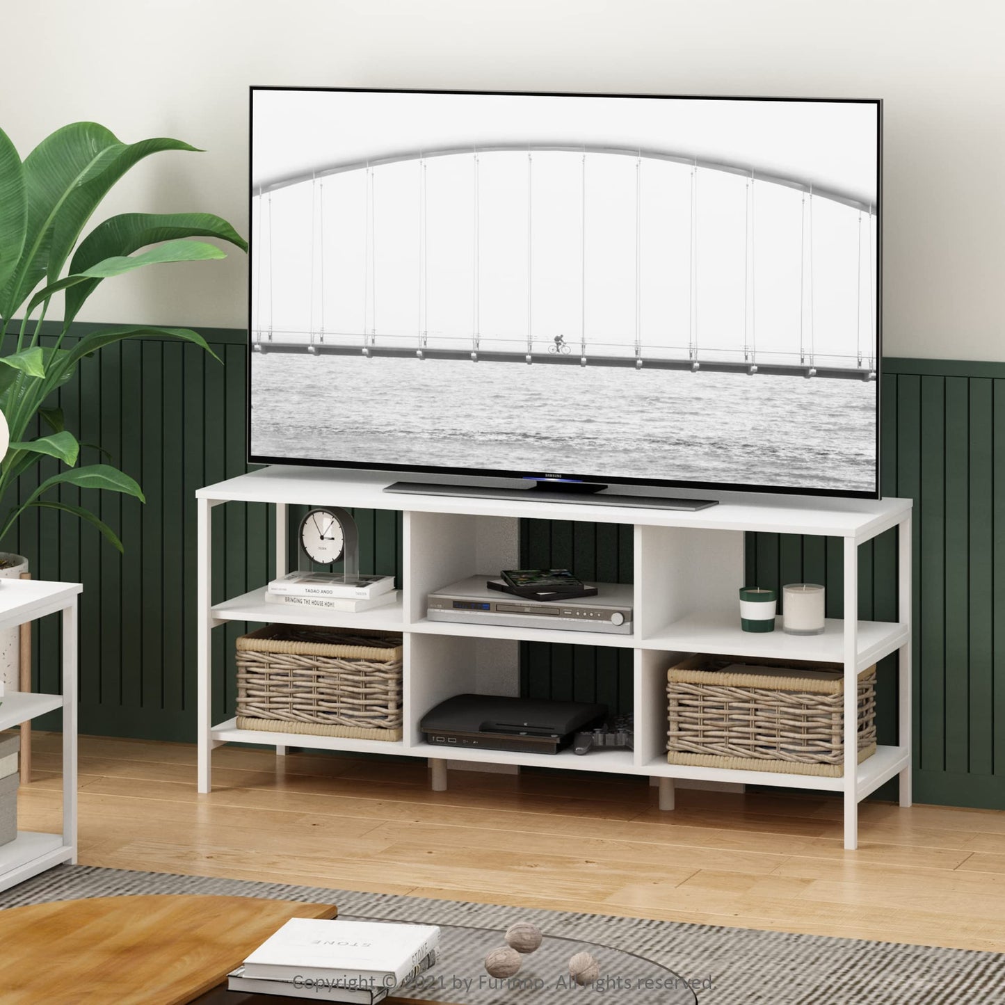 Furinno Camnus Modern Living TV Stand for TVs up to 60 Inch, Solid White/White