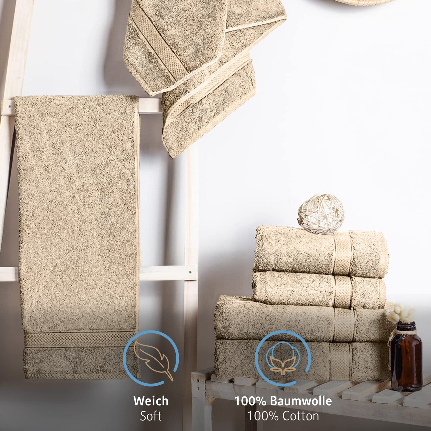 Komfortec Set of 8 Hand Towels 50 x 100 cm 100% Cotton Terry Towelling Soft Beige