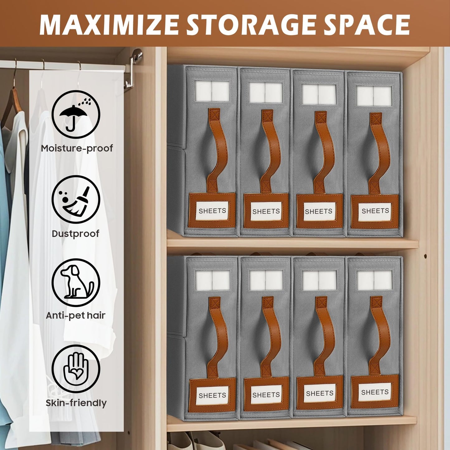 BOSNONA Bed Sheet Organiser 1 Pack Grey Bedding Storage Box Foldable King Size Bed Sheet Organiser Boxes with Zip for Bedsheets, Pillow Cases