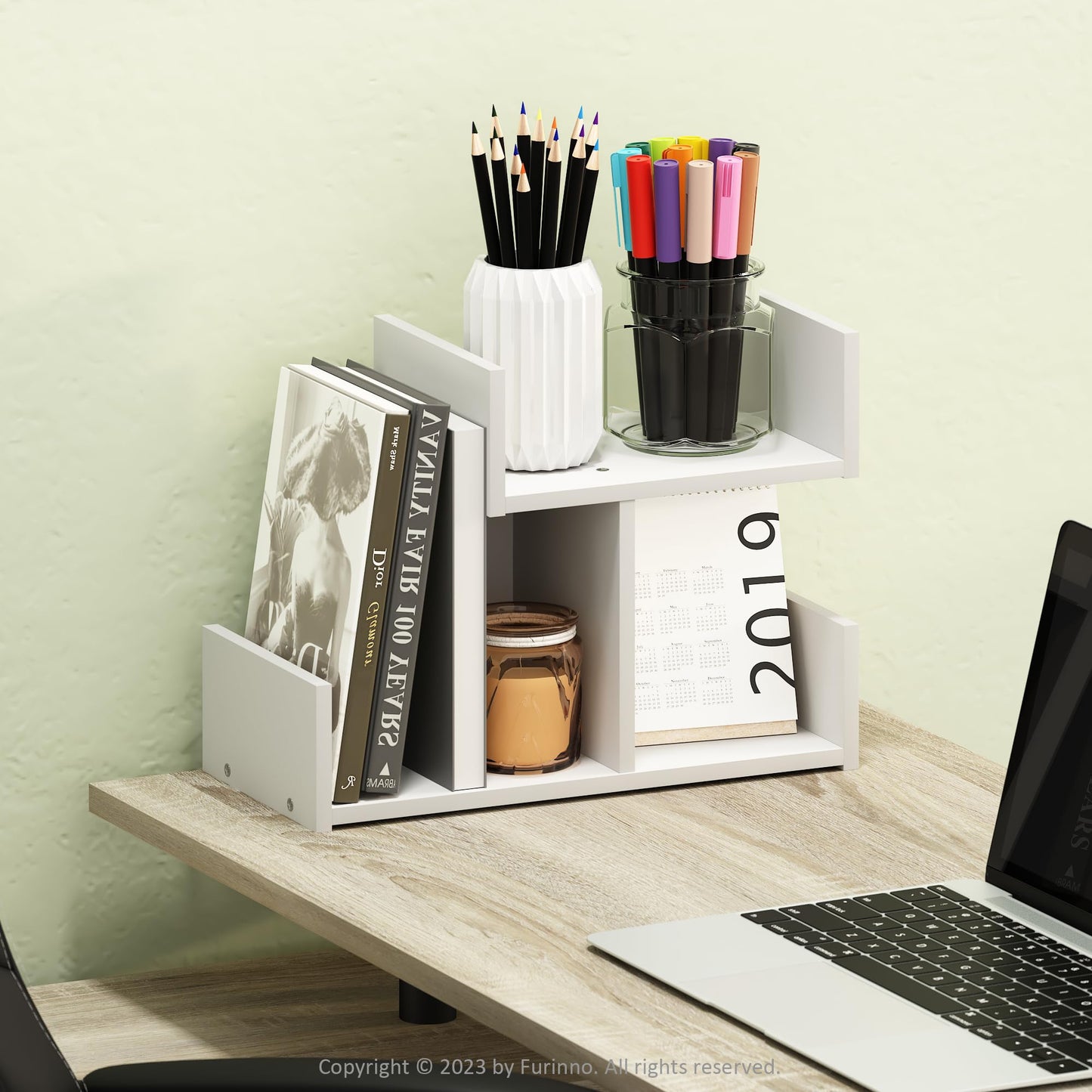 Furinno Hermite Wooden Desktop Bookshelf Storage Organizer for Home and Office Supplies, White