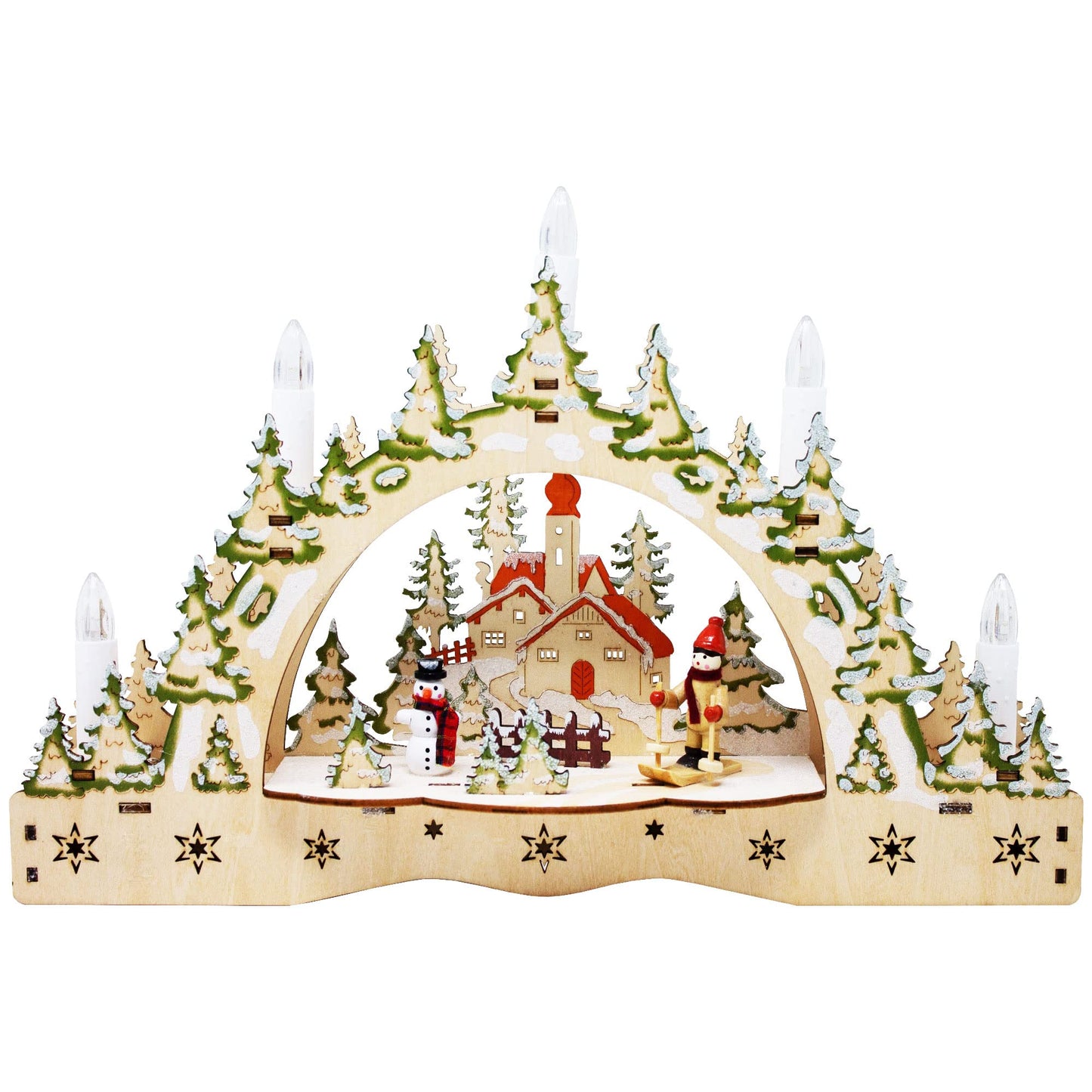 ToCi Illuminated candle arch with 5 LED candles and Christmas ski motif for Christmas decoration, window decoration and table decoration.