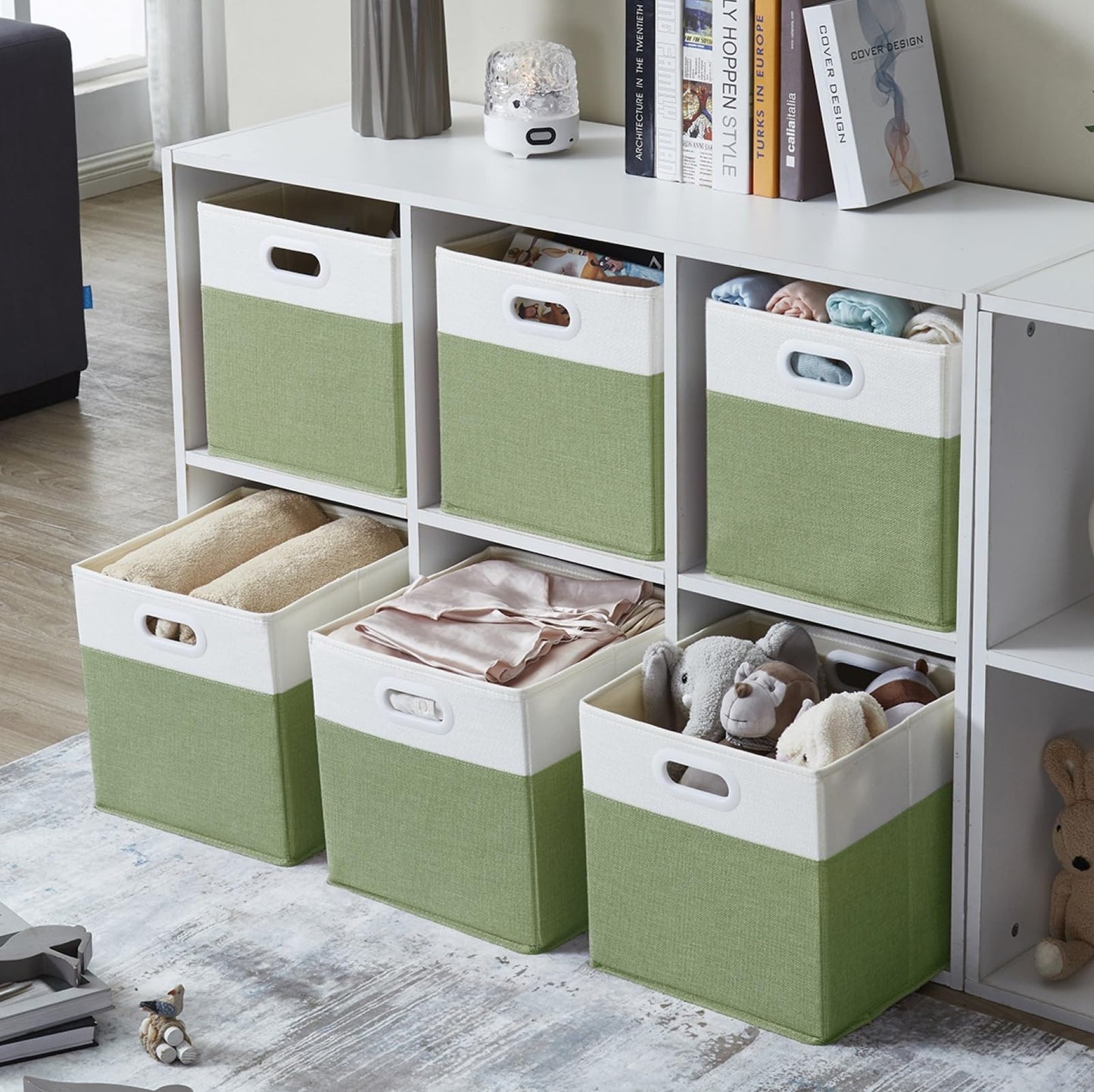 SOCOHOME Fabric Cube Storage Boxes,30x30x30cm Foldable Storage Baskets for Shelf Nursery Closet(Green/White, Set of 4)