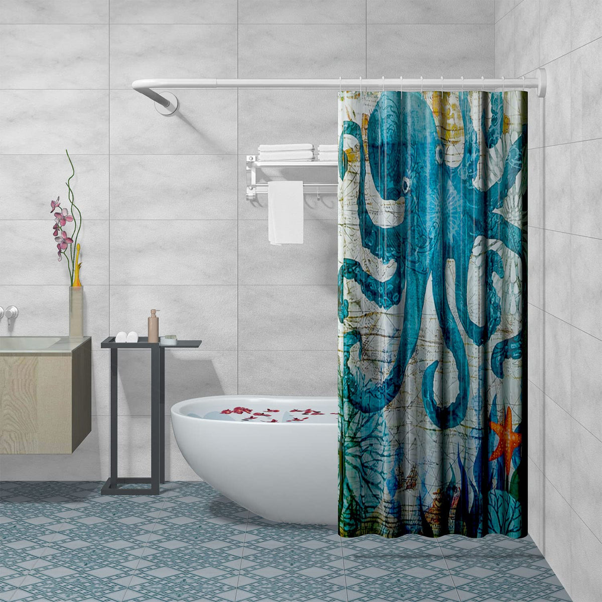 SIKAIQI Stretchable 304 Stainless L Shaped Bathroom Bathtub Corner Shower Curtain Rod Rack (Large Size: White 27.55"-39.37" x 47.24"-