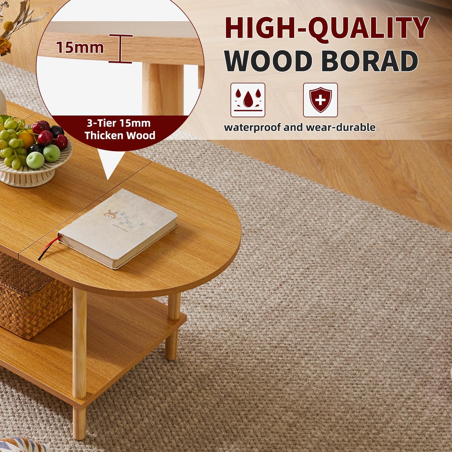 Aibiju Wooden Tea Table Splicing Design, 2 Tier Coffee Table for Living Room, 35x16x17inch TV Table Stand with Storage Shelf Natural Wood Color
