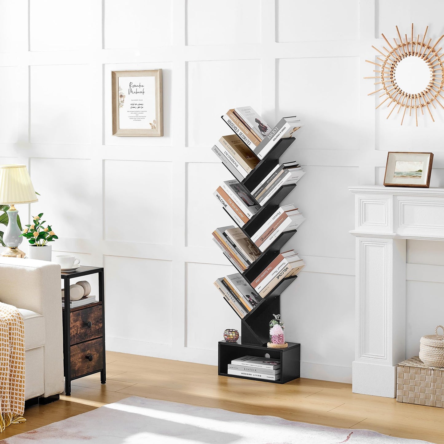 Hoctieon 9 Tier Tree Bookshelf, Tall Bookcase with Drawer, Wood Book Shelf, Modern Floor Standing Bookshelves, Book Organizer Shelves for Bedroom