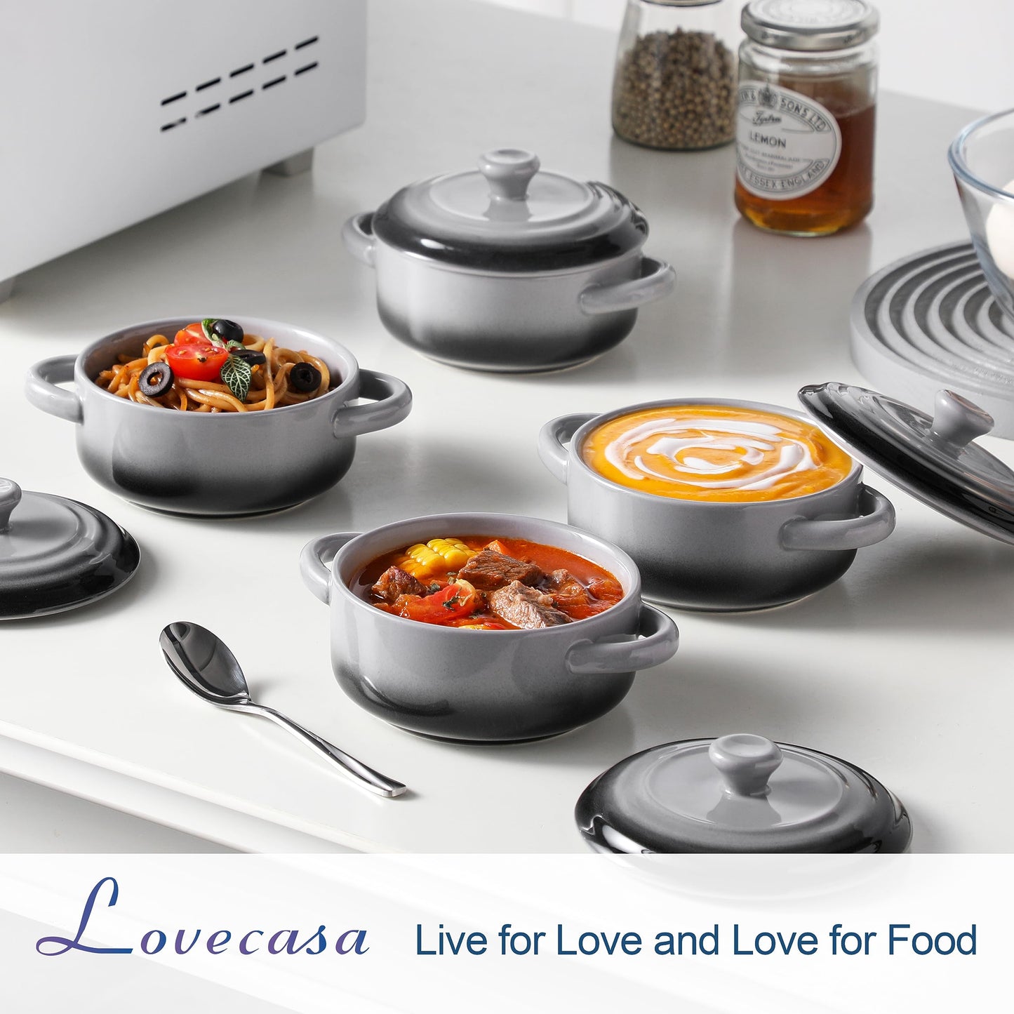LOVECASA Small Casserole Dish for Oven,12 OZ Ceramic Mini Cocotte Set,French Onion Soup Bowls with Lids and Handle,Ramekins for Stews,Lasagna,Set of 4