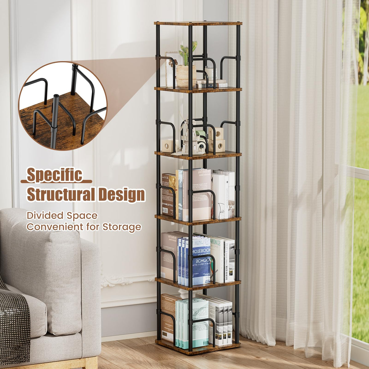 5 Tier Square Rotating Bookshelf, 360° Corner Bookshelf Tower, Small Size Revolving Bookcase with Adjustable Levels