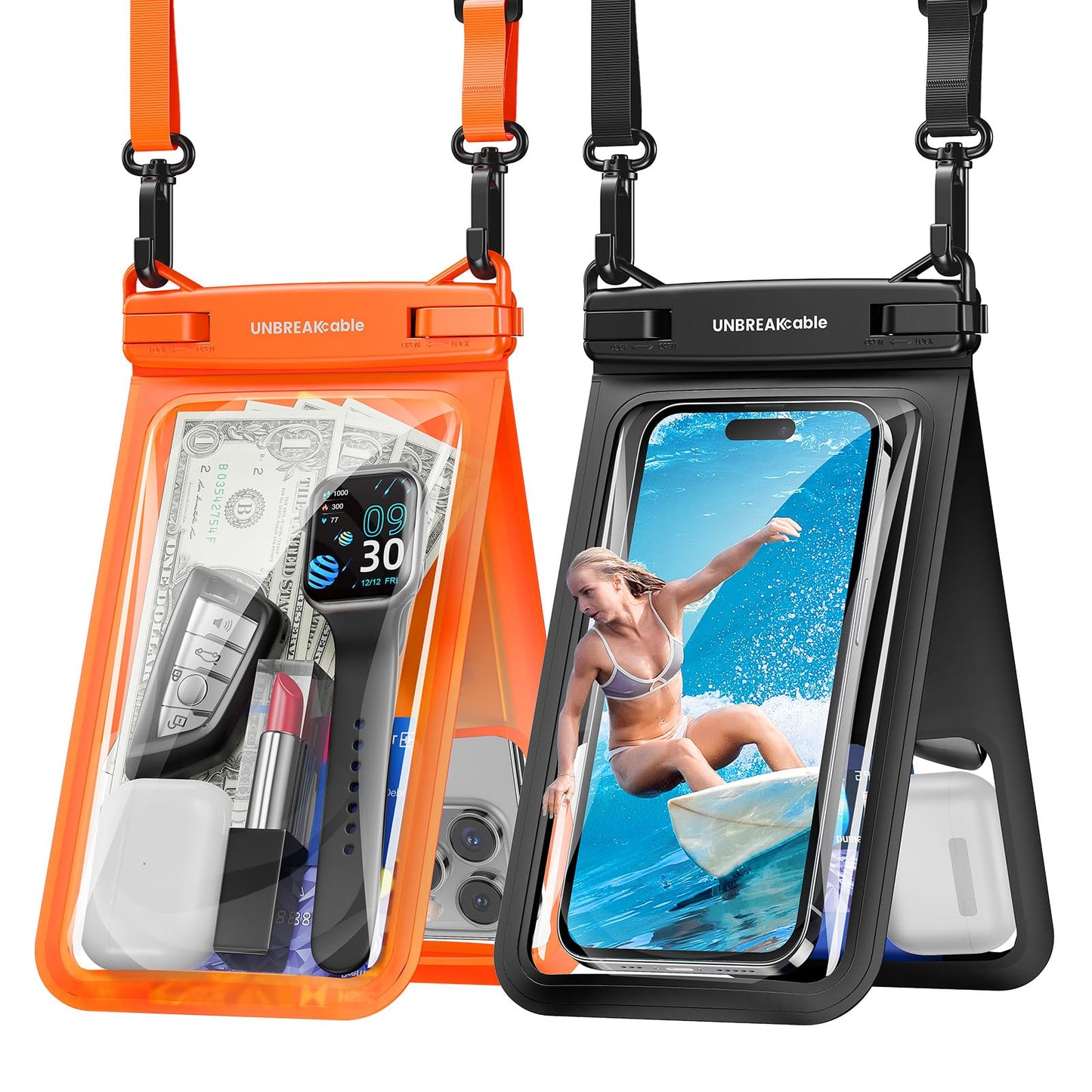 UNBREAKcable Double Capacity Waterproof Phone Pouch, IPX8 Waterproof Phone Case Underwater Dry Bag with 2 bags separated for Vacation Beach Swimming