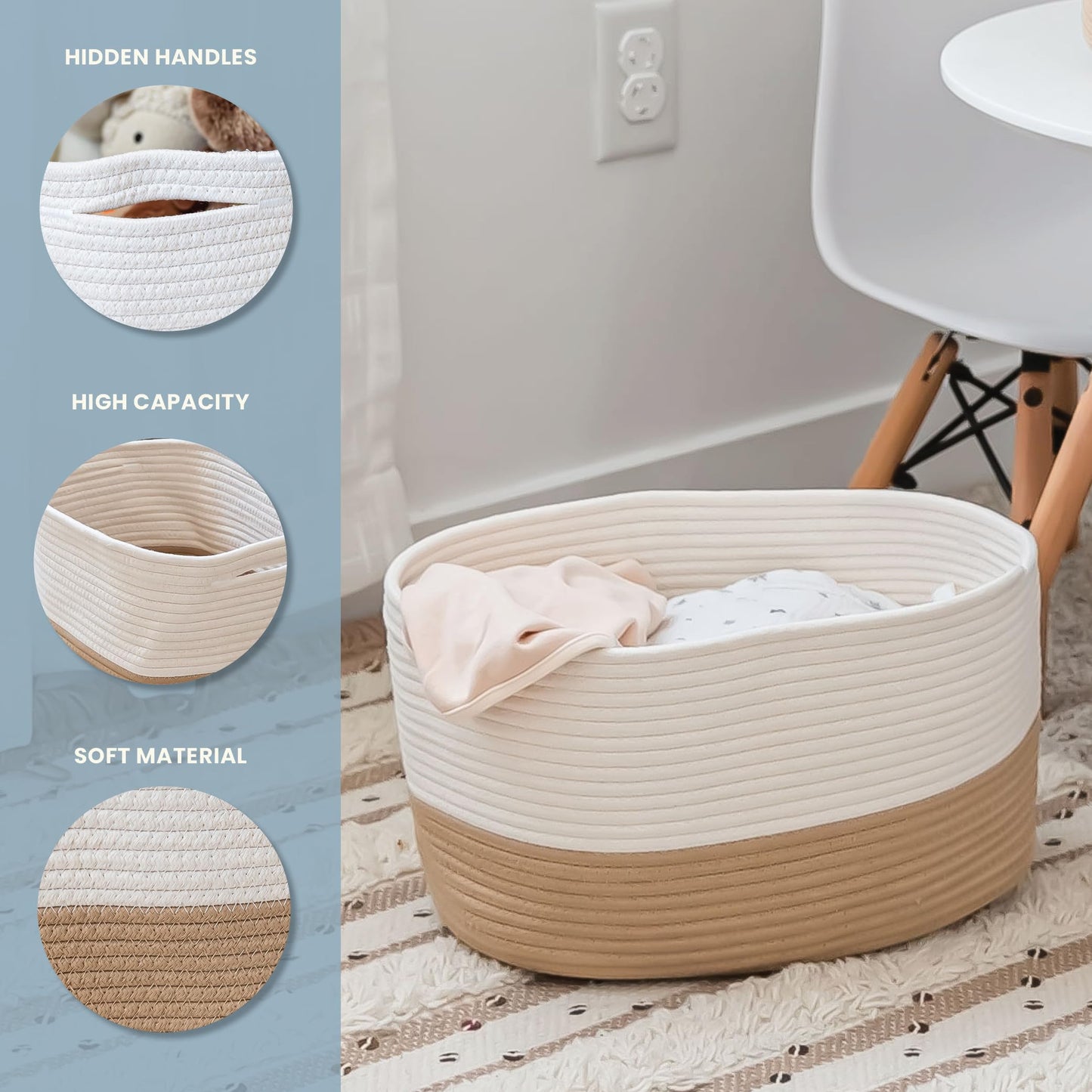 OrganiHaus Set of 3 Woven Basket for Shelves, Cotton Rope Baskets for Toy Storage, Bathroom Storage Basket, Blanket Basket for Living Room