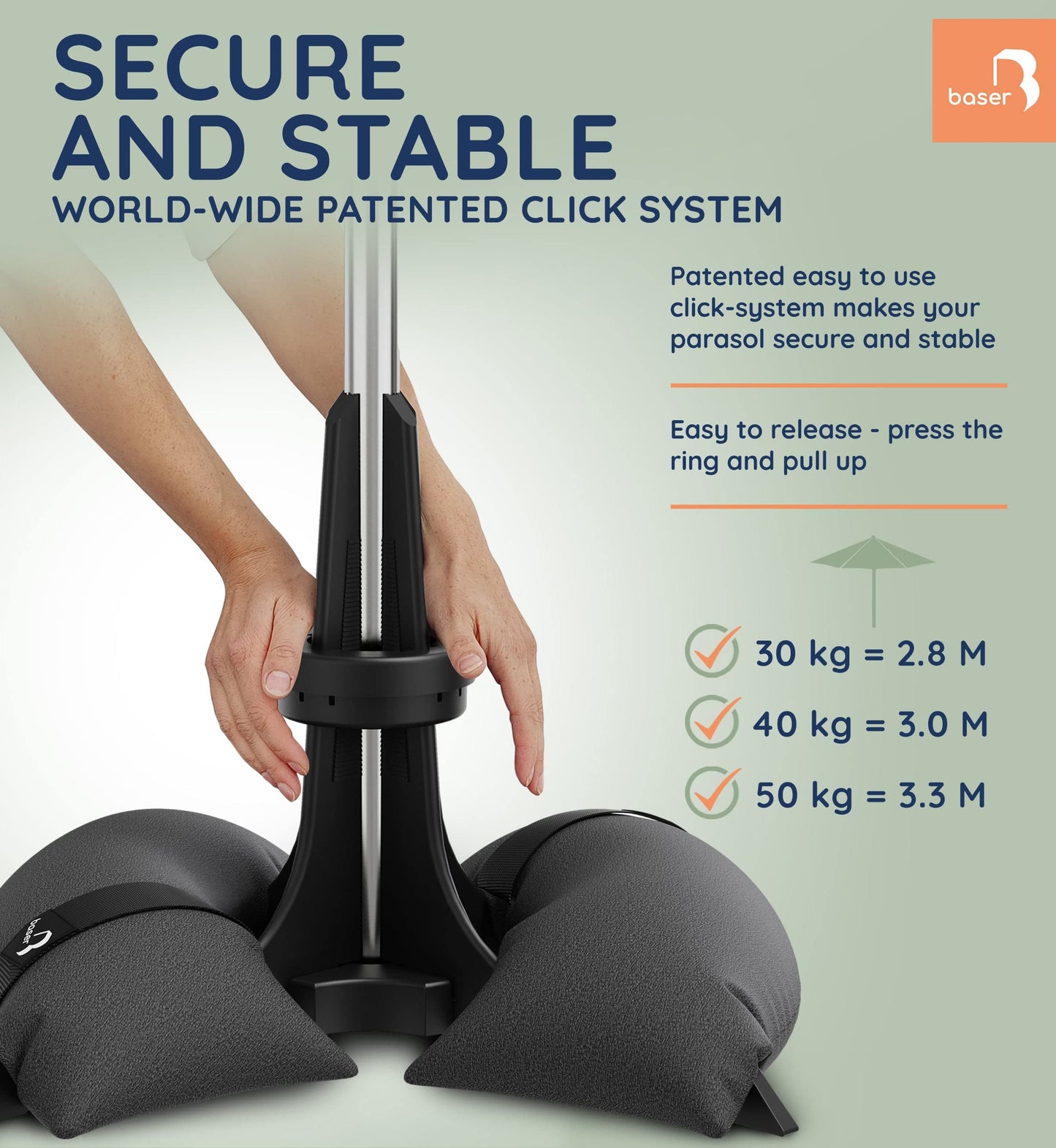 Baser Parasol Base with fillable Sandbag weights 40 KG, up to 3.3 M Parasol, Made of Recycled Materials in Denmark