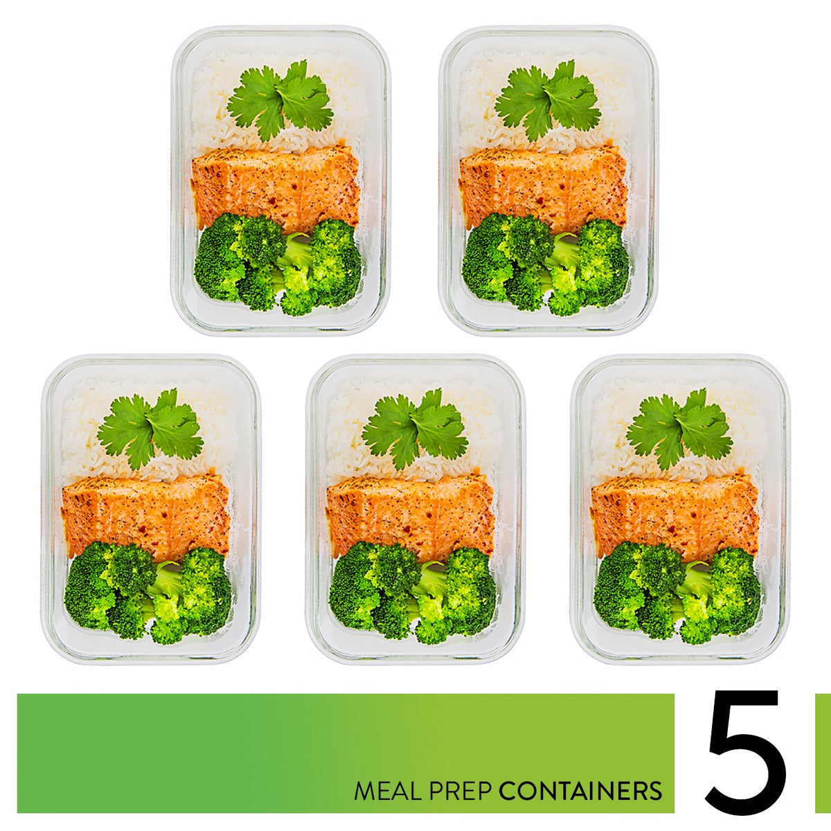 [5-Pack] Food Prep & Storage Glass Containers with Lids - Airtight Glass Meal Prep Containers Reusable (1060 Millilitres - 1 Compartment)