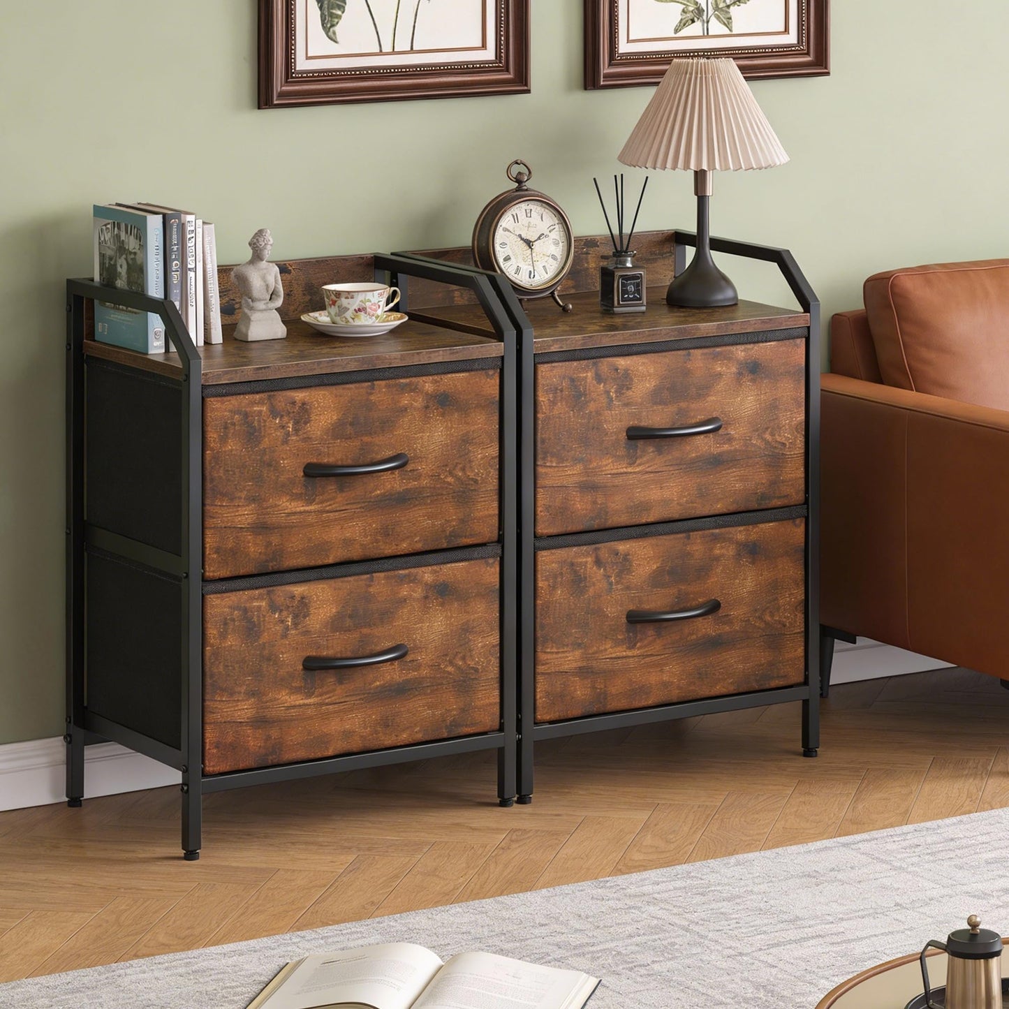 Feonase Bedside Tables Set of 2, Bedside Table with 2 Storage Fabric Drawers, Sturdy Metal Frame,Bed Side Table for Bedroom & Living Room Modern