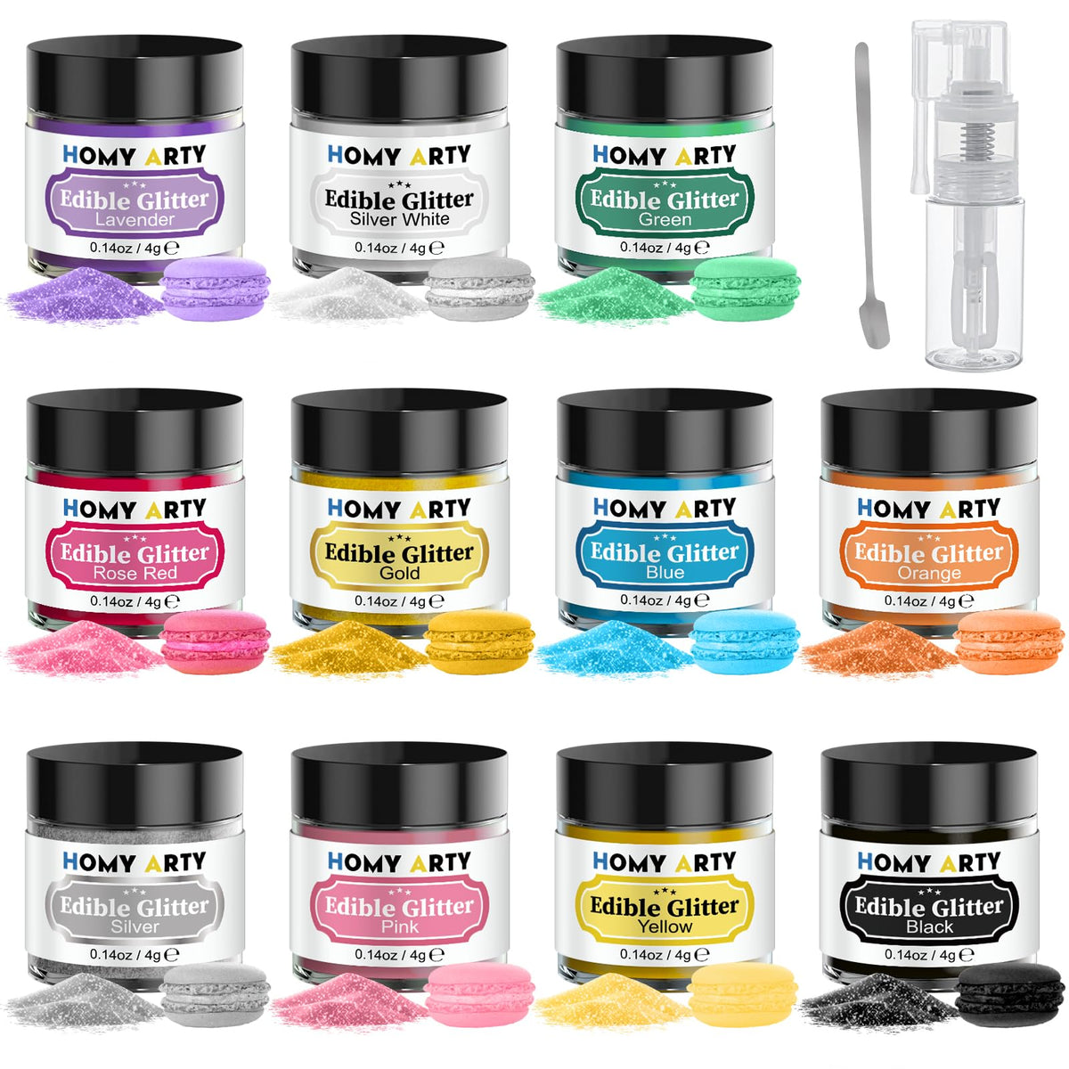 HOMY ARTY Edible Glitter 11 Colours x 4g - with Sprayer, Luster Dust Edible Glitter for Cakes, Cocktails, Drink Glitter, Edible Dusting Powder for