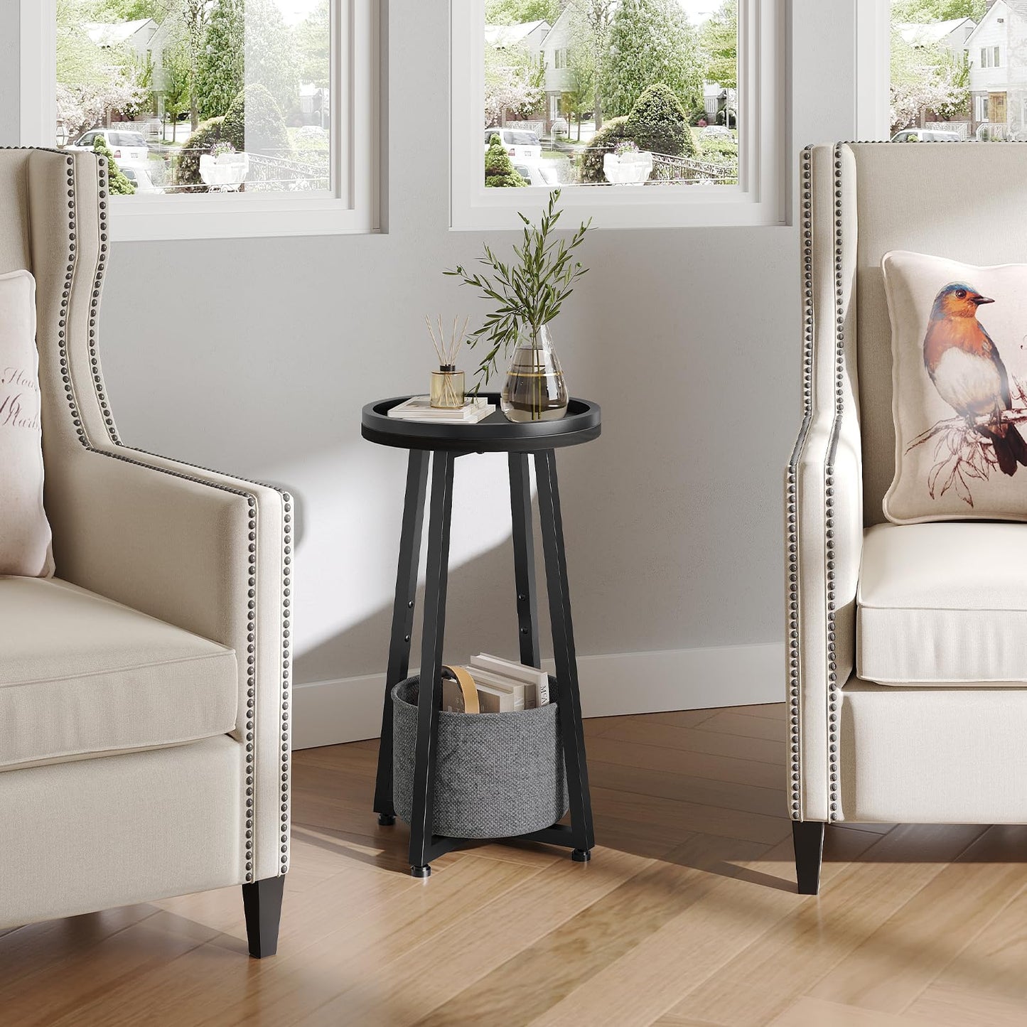 HOOBRO Round Side Table, 2 Tier Sofa Side Table Small Table with Storage Basket, Round Bedside Table, Compact Corner Tables for Small Spaces