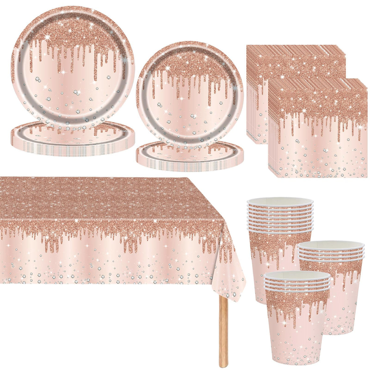 Rose Gold Shiny Glitter Diamond Party Tableware for Women/Girls,81pcs Rosegold Birthday Dinnerware Paper Plates Cups Napkins and Tablecloth Set for