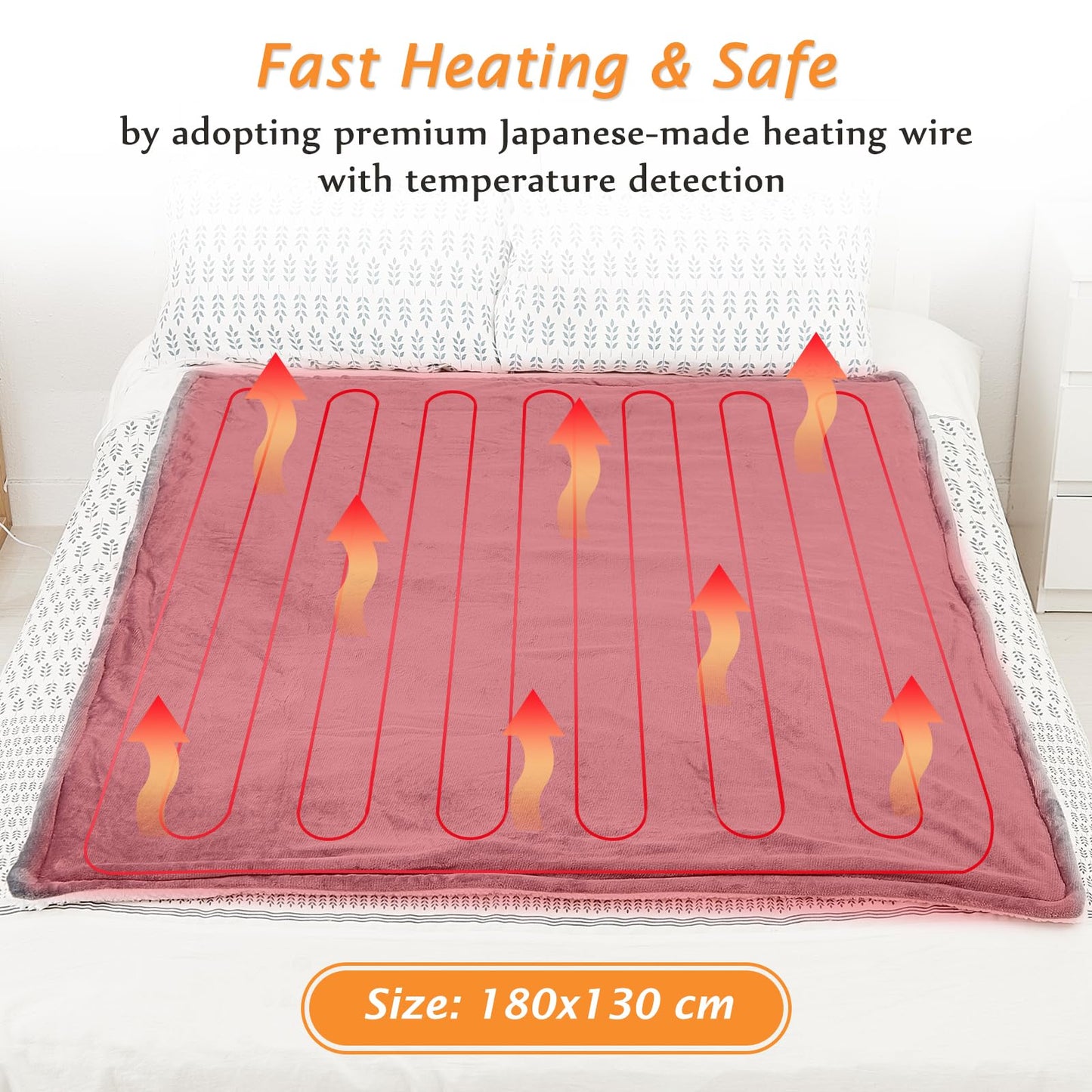 Mia&Coco Electric Heated Blanket Throw Flannel Sherpa Fast Heating 180x130cm, 10 Heat Levels & Up-to-9-Hours Auto-Off Timer & LED Display, for Home