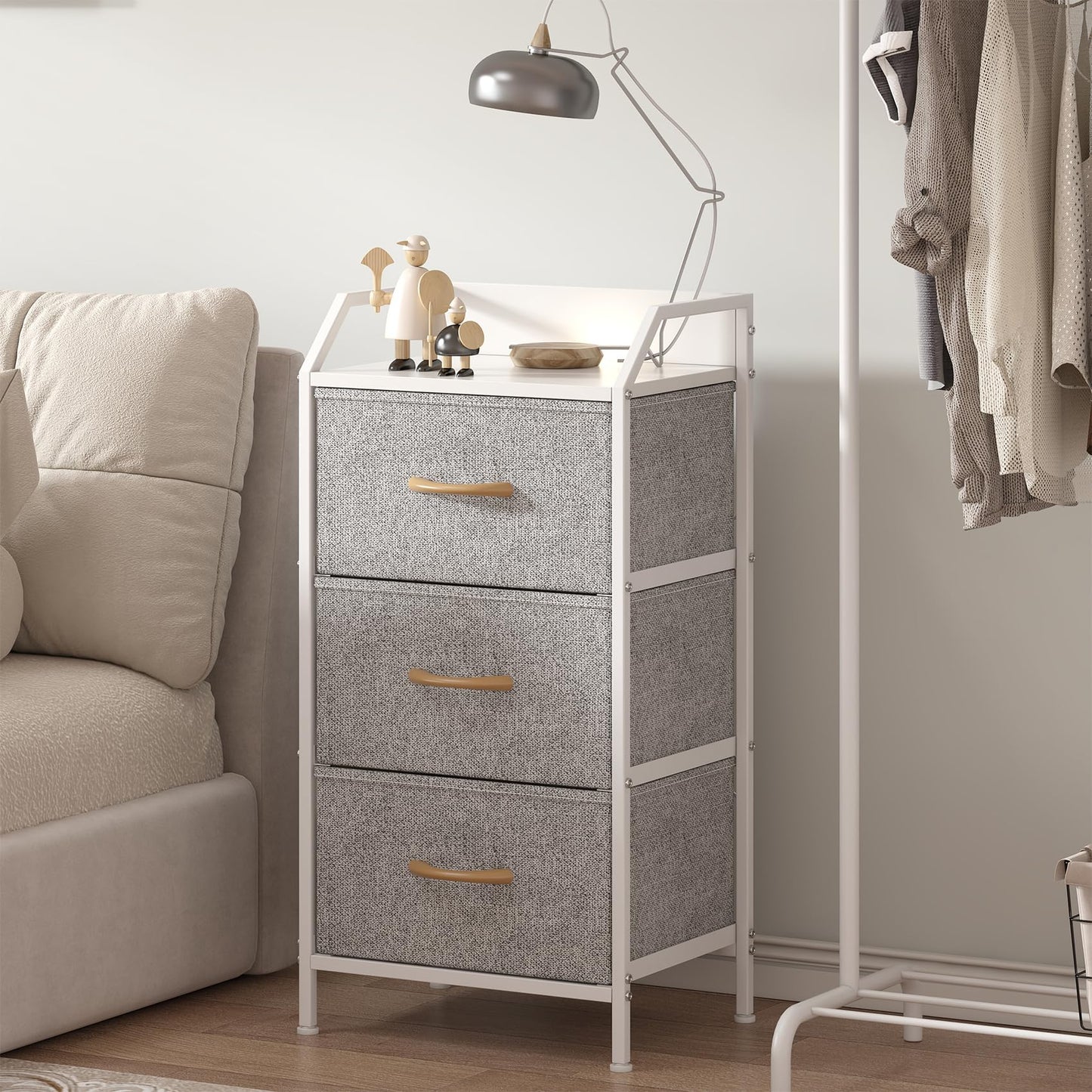 Feonase 3-Drawer Chest of Drawers with Metal Frame & Top Back Shelf – Modern Fabric Storage Cabinet for Bedroom, Living Room, Small Spaces
