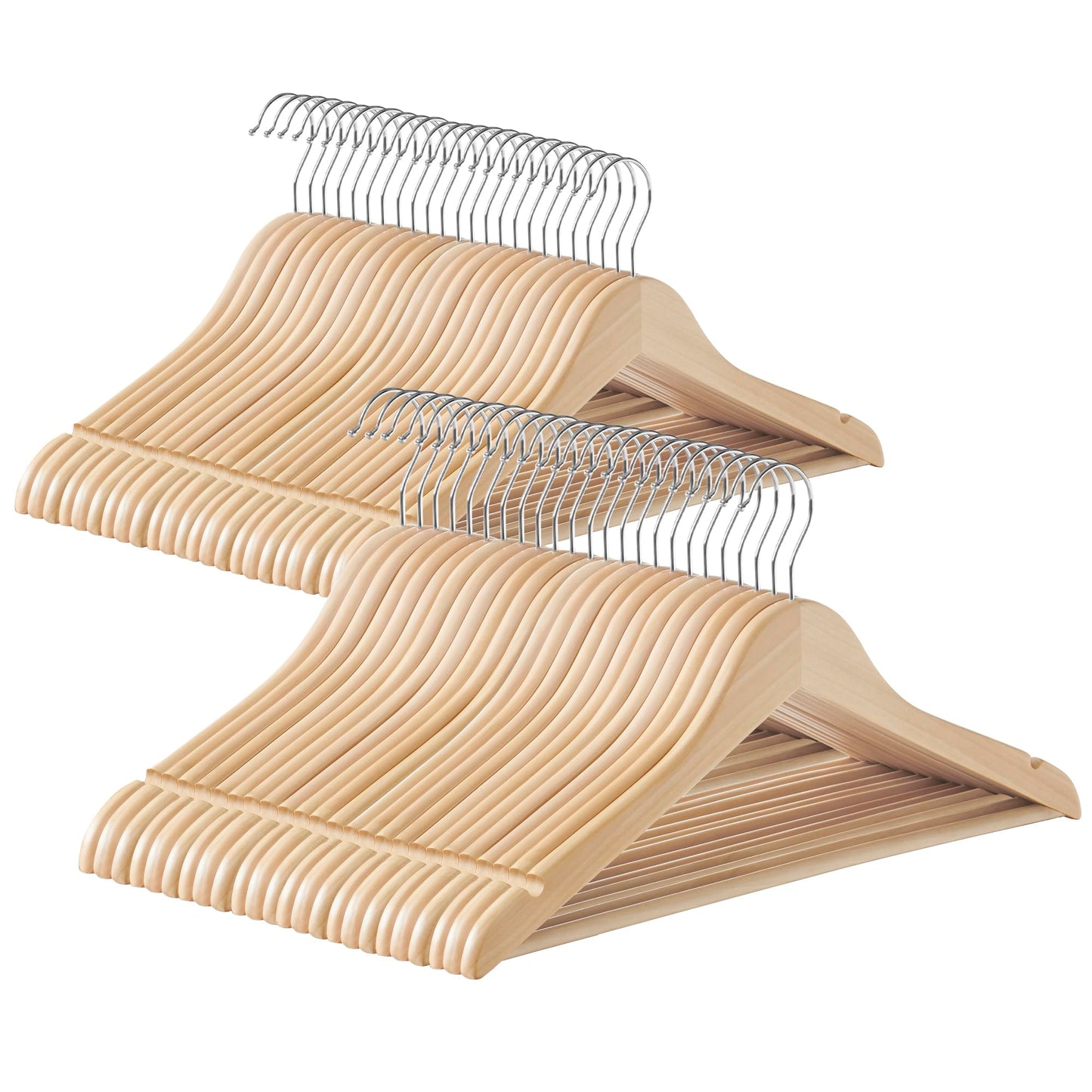 SONGMICS Wooden Hangers, Pack of 48, Coat Hangers, Non-Slip, Pants Bar, 360? Swivel Hooks, for Jackets, Shirts, Coats, Natural Beige CRW010N48