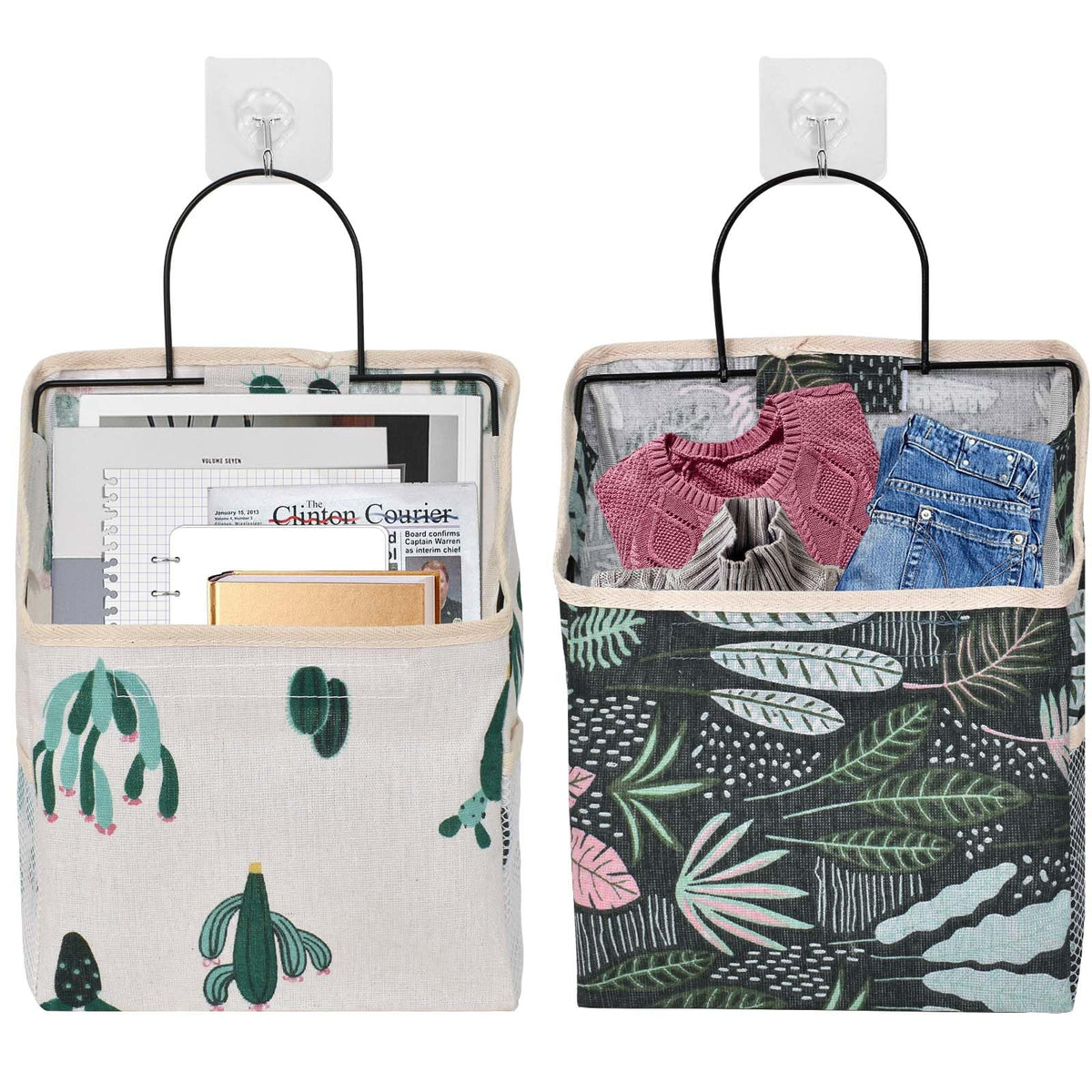 Nramwell 2 PCS Wall Hanging Organiser Bag, Linen Hanging Storage Bag with Hook, Cactus Pattern and Plants Pattern Fabric Baskets for Storage with