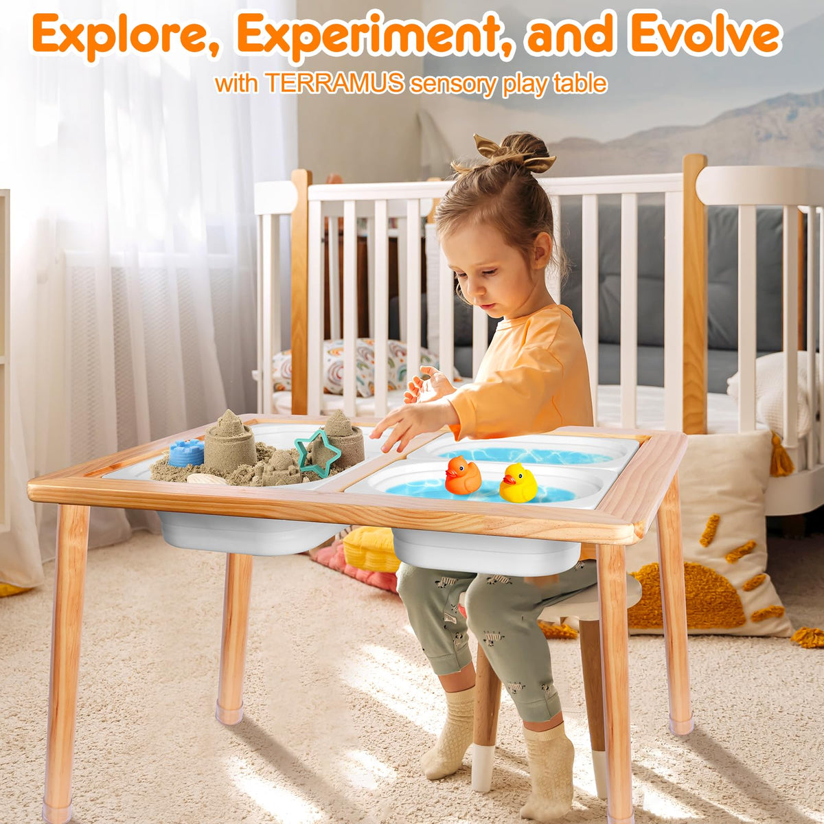 TERRASMUS Children's Tables, Multifunctional Sensory Table, Play Sand and Water Table with 3 Storage Bins, Kid's Desk for Art, Drawing, Studying and