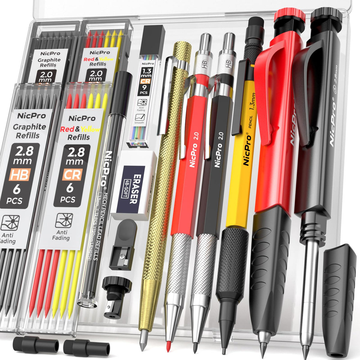 Nicpro 17 Pack Carpenter Pencil Set with Sharpener, Mechanical Pencils, Automatic Center Punch, Carbide Scribe Tool, Heavy Duty Construction Pencil