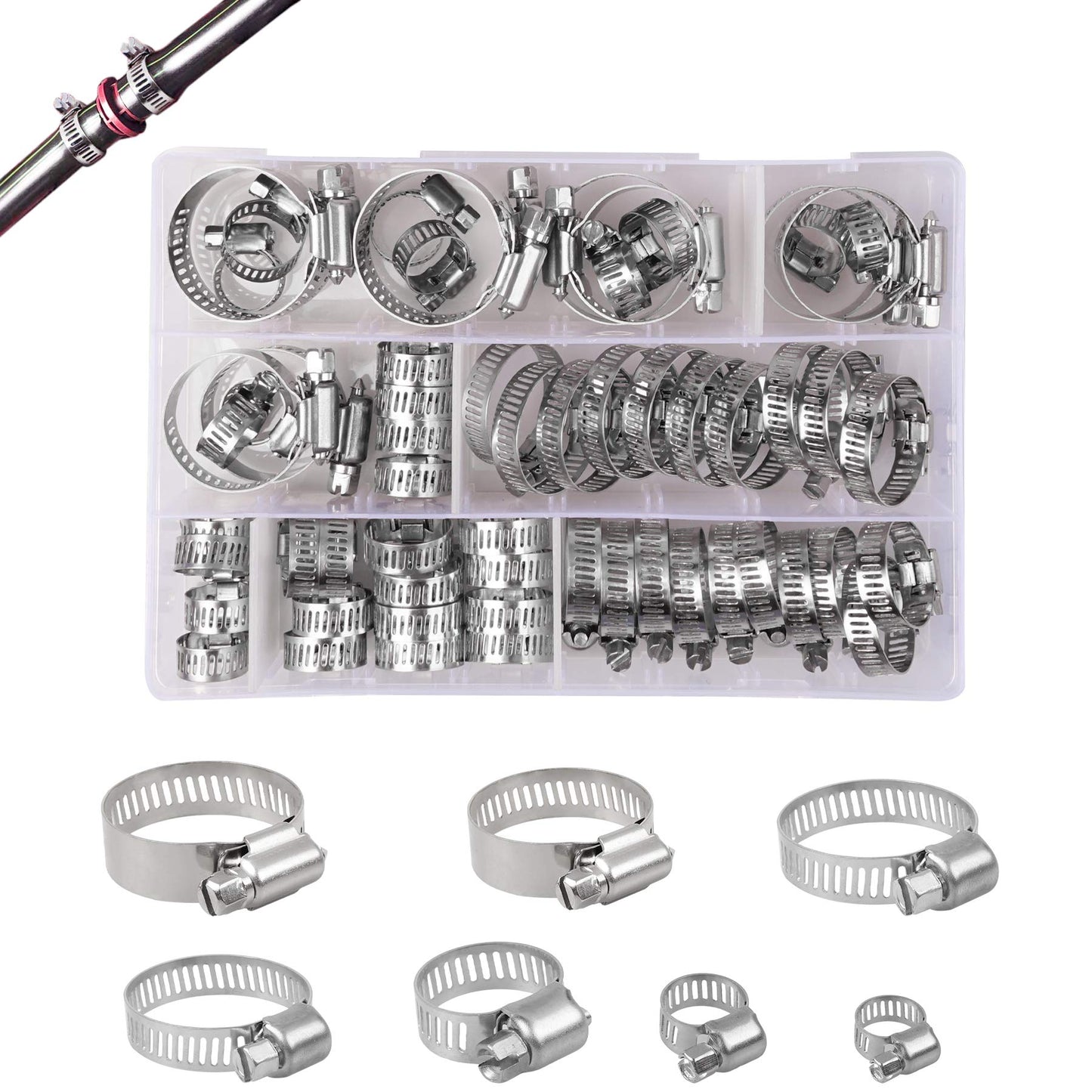 YEYIT 60 Pcs Hose Clips, Jubilee Hose Clamp 7 Sizes Adjustable 6-38mm Range Hose Clamps,Stainless Steel Pipe Clips Assortment with Storage Case, for