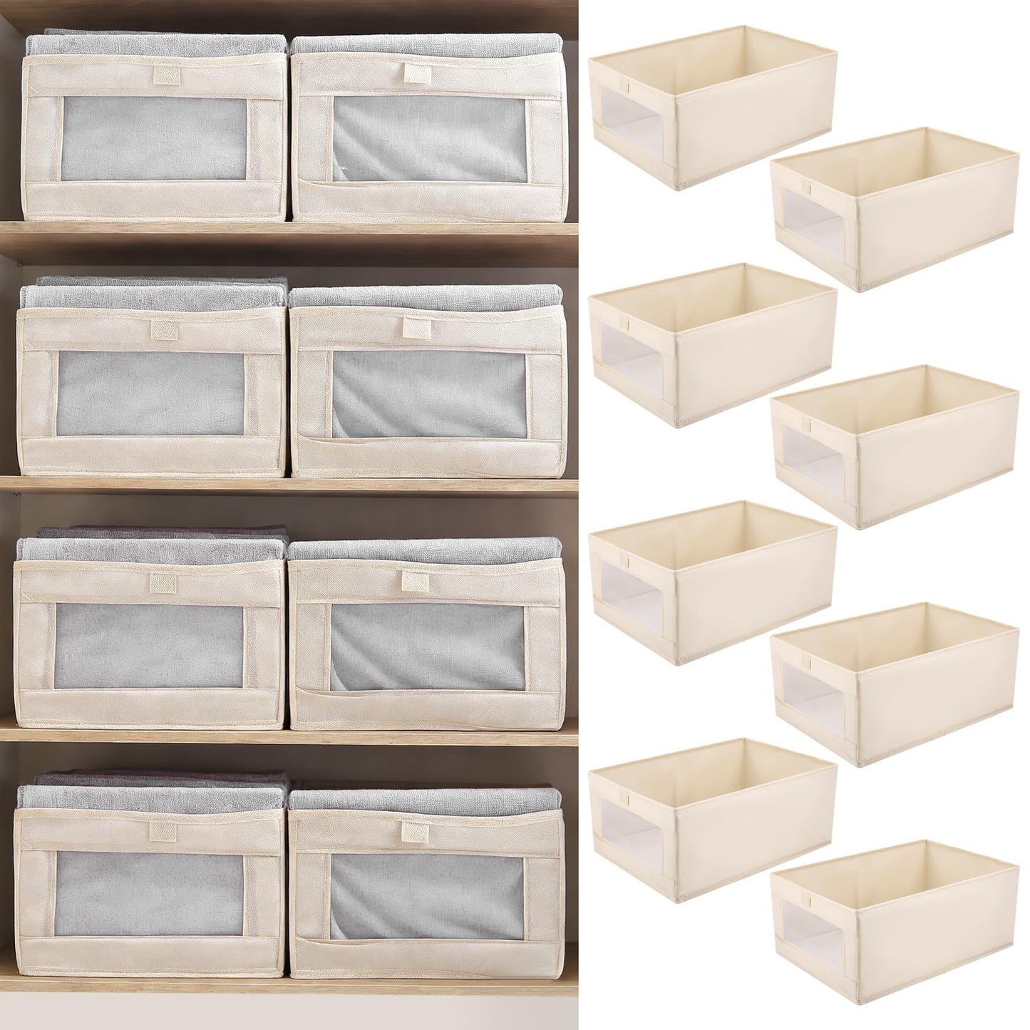 Micvtve 4 PCS Linen Wardrobe Storage Organiser Foldable Storage Bins Baskets for Organization Foldable Organizer with Clear Window Organizing