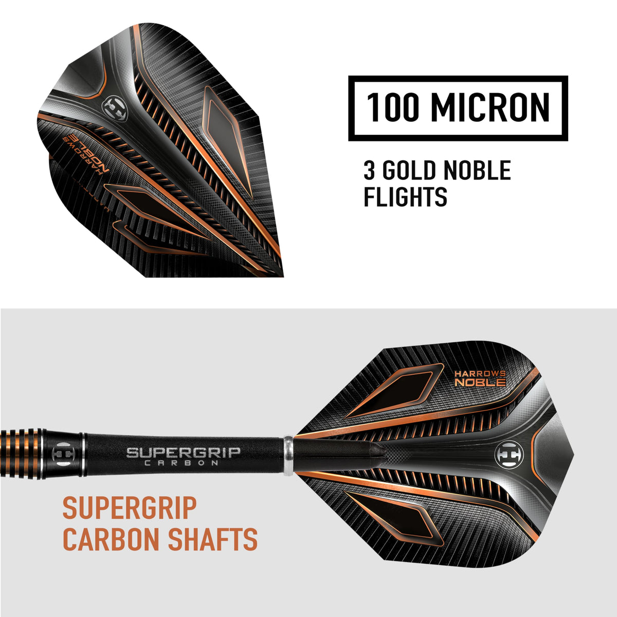 Harrows Noble 90% Tungsten Steel Tip Darts Set 22g, 23g, 24g & 25g - Includes Silver Supergrip Carbon Shafts & Micron Noble Flights (25g)