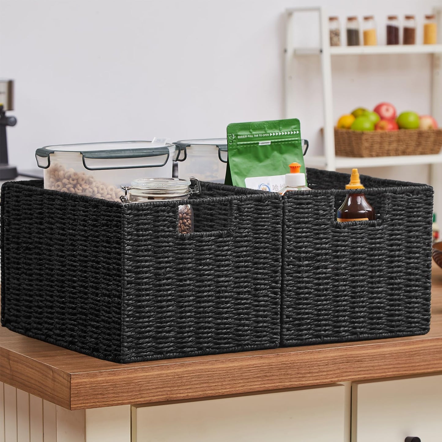 Vagusicc Wicker Storage Basket, Set of 2 Handwoven Storage Baskets for Shelves, Collapsible Storage Box Organiser Shelf Hamper Gift Basket for