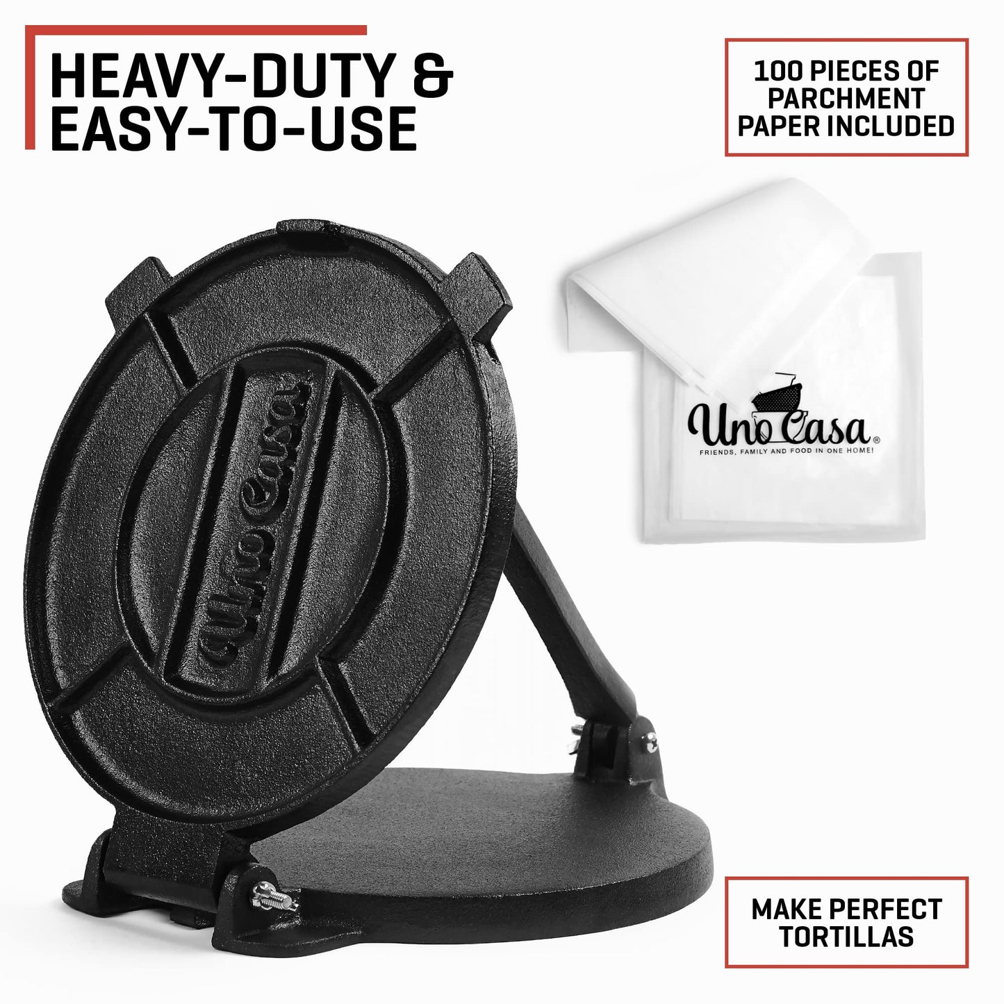 Uno Casa Tortilla Press Cast Iron - 8 Inch, Pre-Seasoned Tortilla Maker with 100 Pcs Parchment Paper - Roti Maker Chapati Machine, Taco Press Cast
