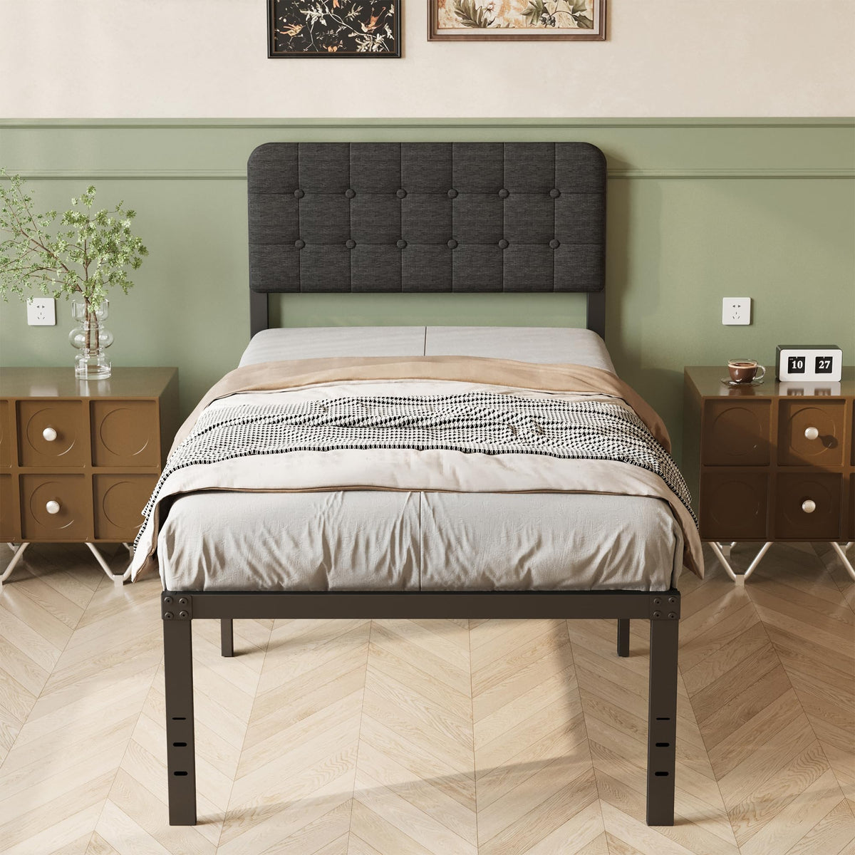 Lutown-Teen 2ft 6 Small Single Bed Frame with Black Upholstered Headboard