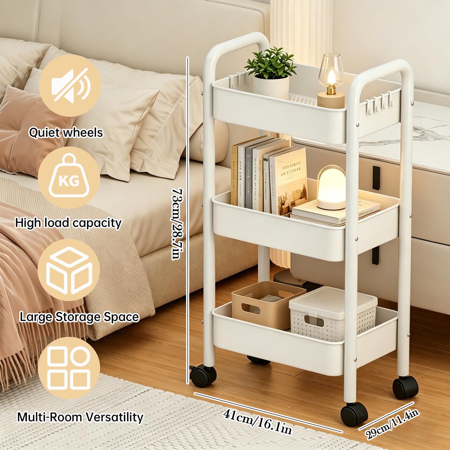 Storage Trolley 3-Tier on Wheels, Metal Plastic Rolling Cart with Handle – Slim Mobile Utility Organiser for Kitchen, Bathroom, Office, Narrow Spaces
