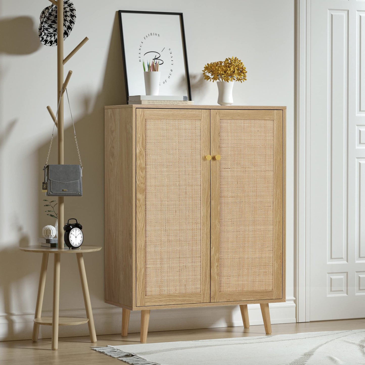 Yvsevnr Rattan Sideboard Cabinet with 2 Doors, Kitchen Storage Cupboard with Adjustable Shelves for Living Room Hallway Entryway