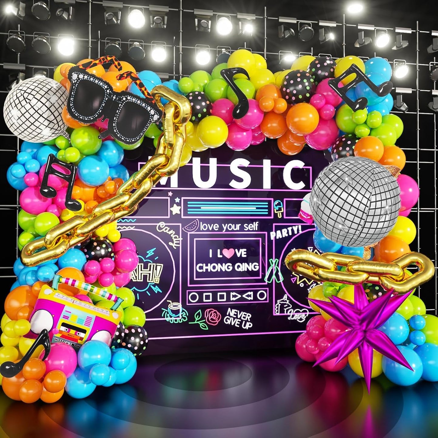 Neon Balloon Arch Kit Disco Theme Party Decorations,157Pcs Balloons with Retro Disco Ball Radio Glasses Roller Musical Note Chain Star Foil Balloons