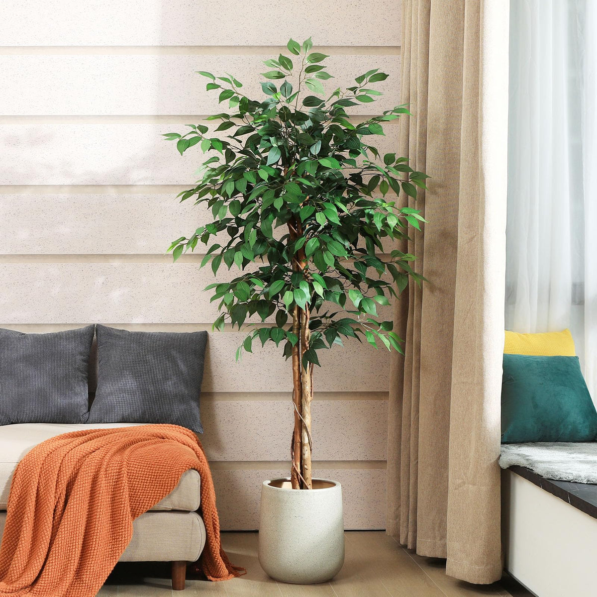 SOGUYI 150cm Artificial Ficus Tree with Natural Wood Trunk, Silk Fake Ficus Tree in Plastic Nursery Pot, Faux Plant for Office Home, Indoor Outdoor