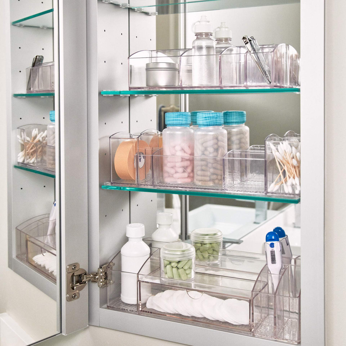 iDesign 42730ES Med+ Medicine Box, Plastic Bathroom Storage Container for Medical Supplies with Six Compartments, Clear, 9" x 3" x 2"