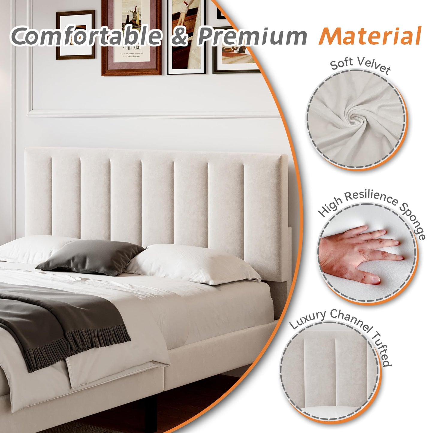 Merax 4ft6 Upholstered Bed Double Bed Frame with Adjustable Headboard,Children's bed,Youth bed,Guest bed,Velvet, Solid Wood Slats,Easy Assembly