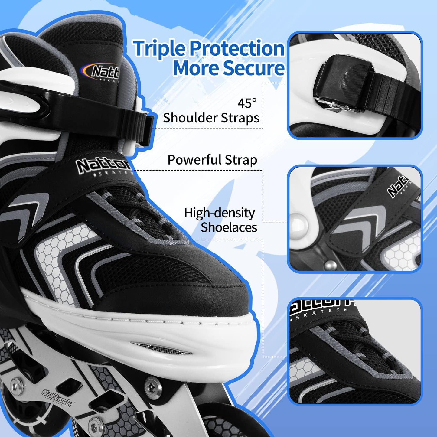 Nattork Roller Skates for Boys with Full Light up Wheels, Adjustable Beginner Inline Skates for Big Kids, Black, Size 1 2 3