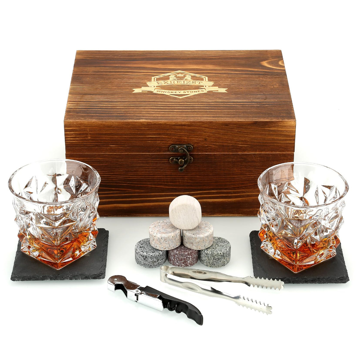 Large Whisky Stones and Glasses Gift Set,Whisky Rocks Chilling Stones in Handmade Wooden Box-Cool Drinks Without Dilution-Whisky Glasses Set of 2,Six